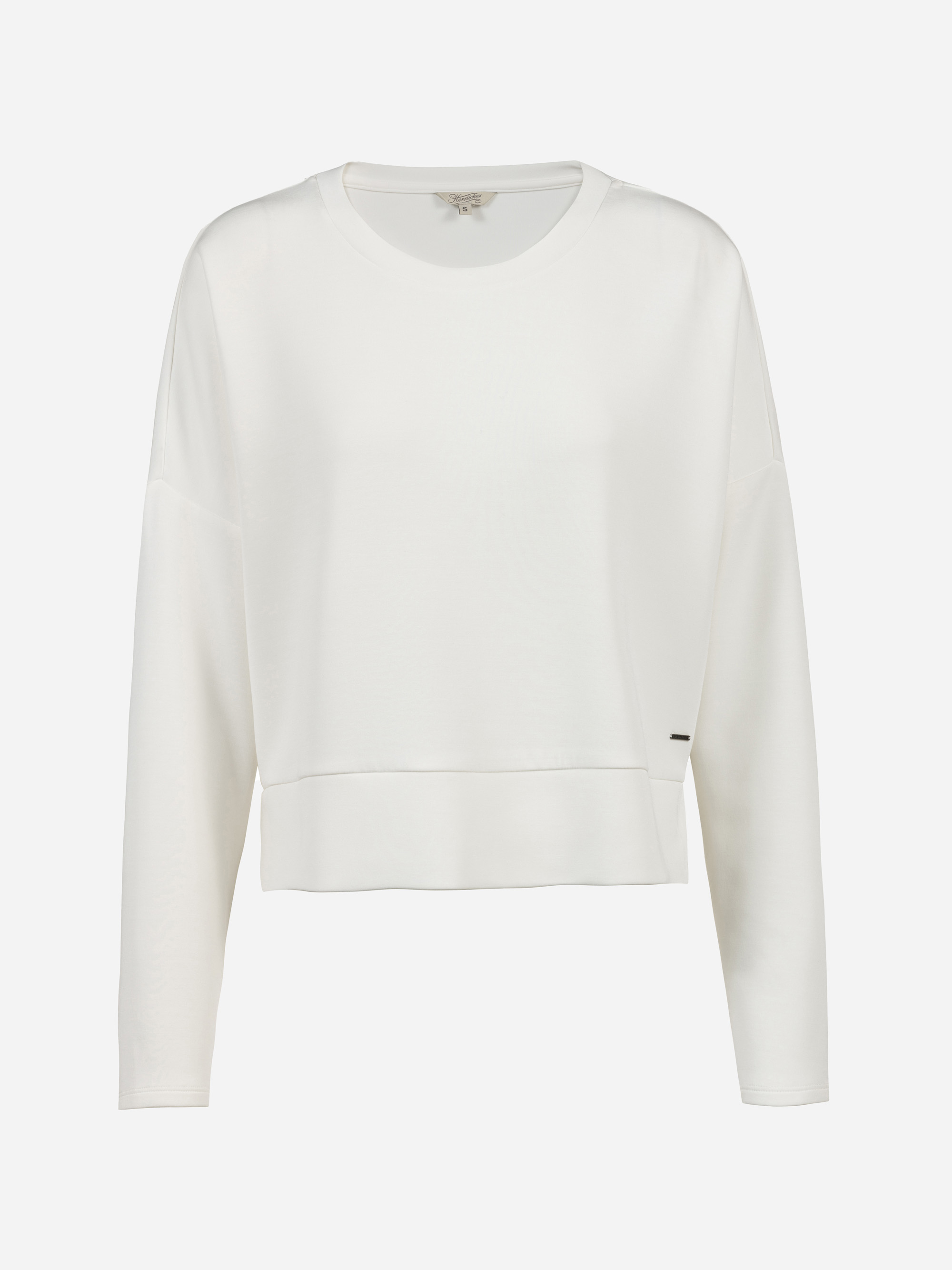 Ein schlichtes, weißes, langärmeliges Sweatshirt mit Rundhalsausschnitt, lockerer Passform und ohne sichtbare Muster oder Grafiken auf weißem Hintergrund.