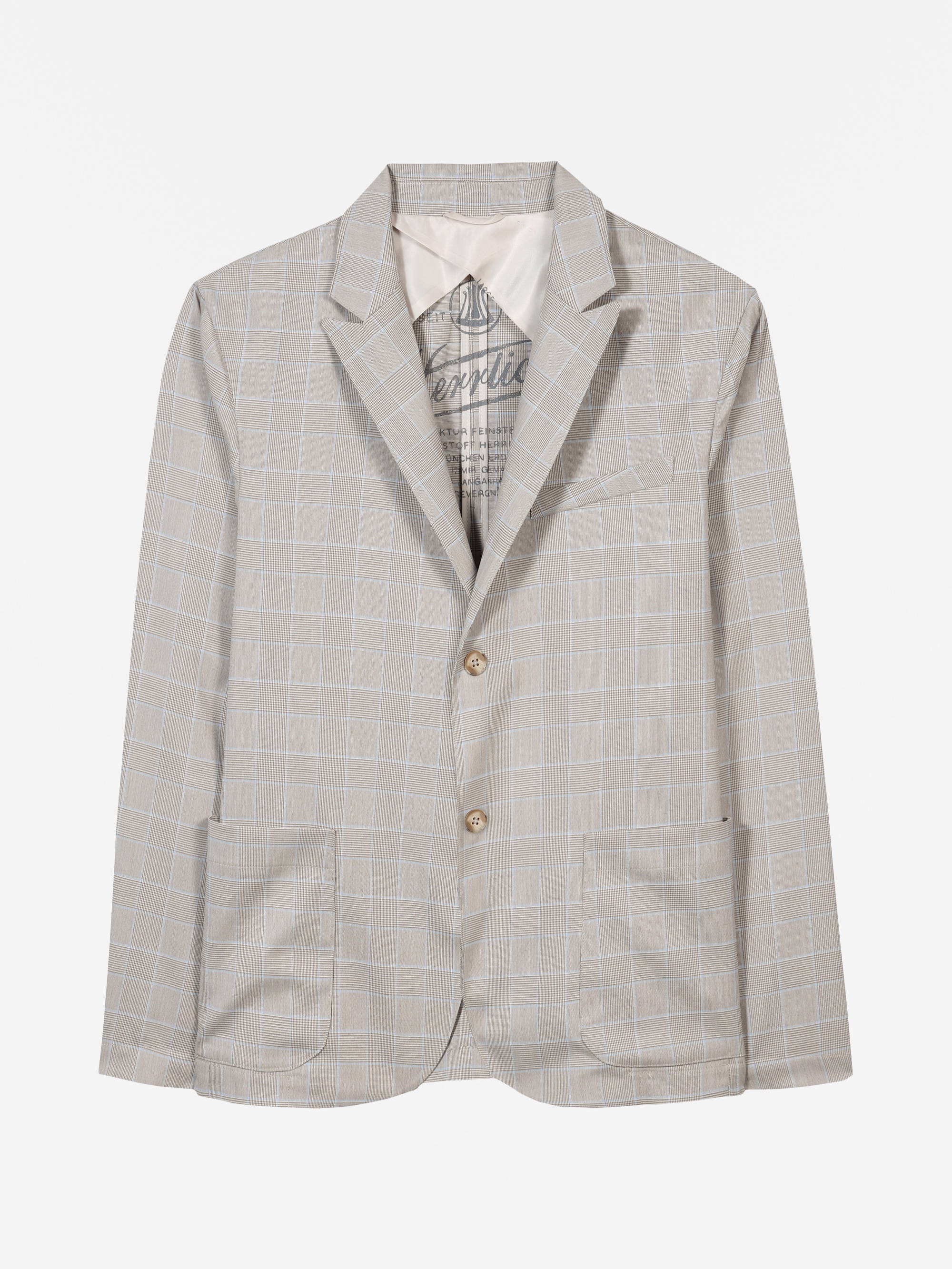 Hellgrauer Blazer mit dezentem Karomuster, Revers mit Kerbe, zwei braunen Knöpfen und zwei großen Vordertaschen. Der Blazer ist auf einem schlichten weißen Hintergrund abgebildet.