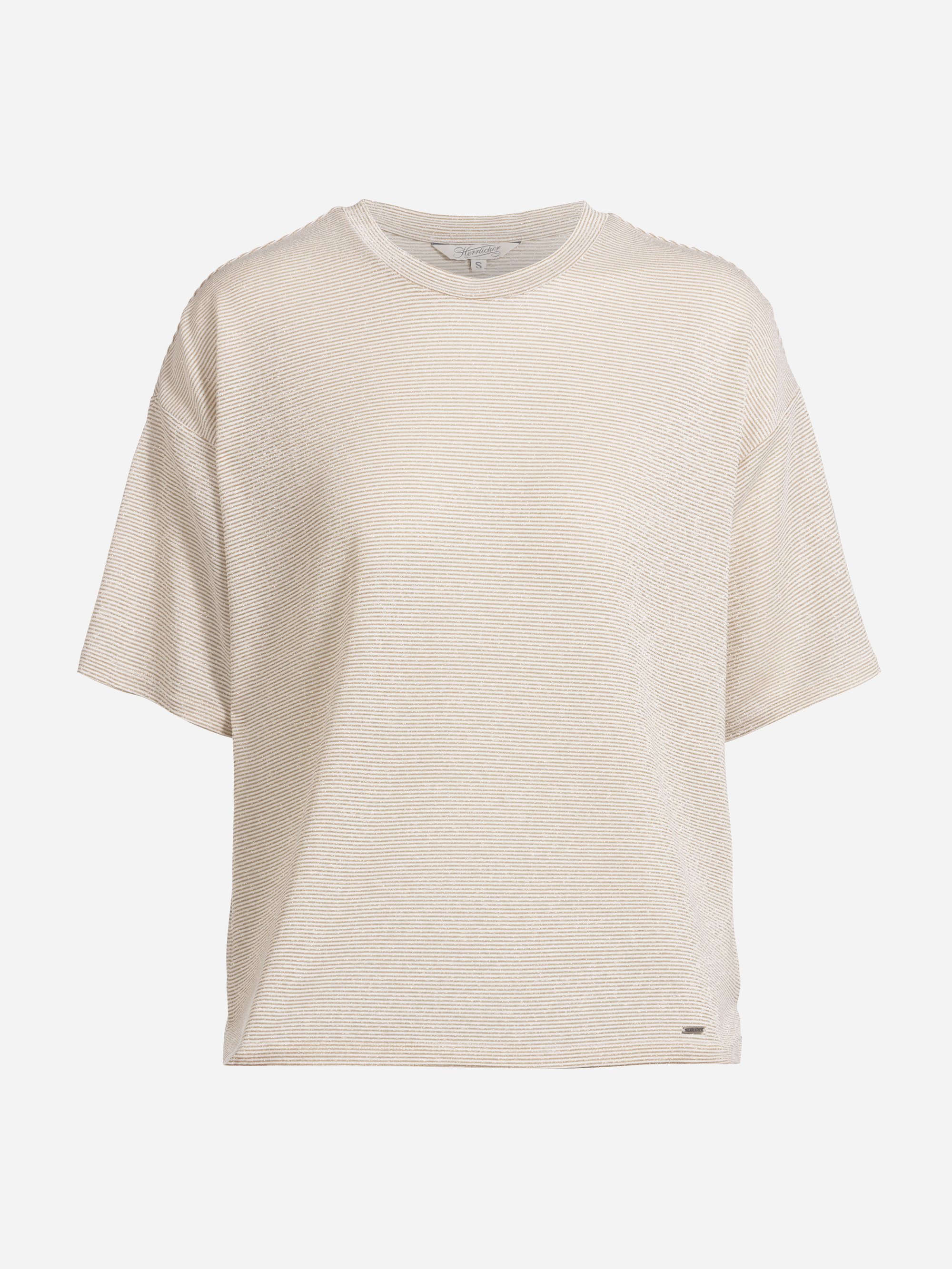 Beigefarbenes, kurzärmeliges, locker sitzendes T-Shirt mit dezentem Strukturmuster, Rundhalsausschnitt und kleinem Metallic-Tag in der Nähe des Saums auf einfarbig weißem Hintergrund.