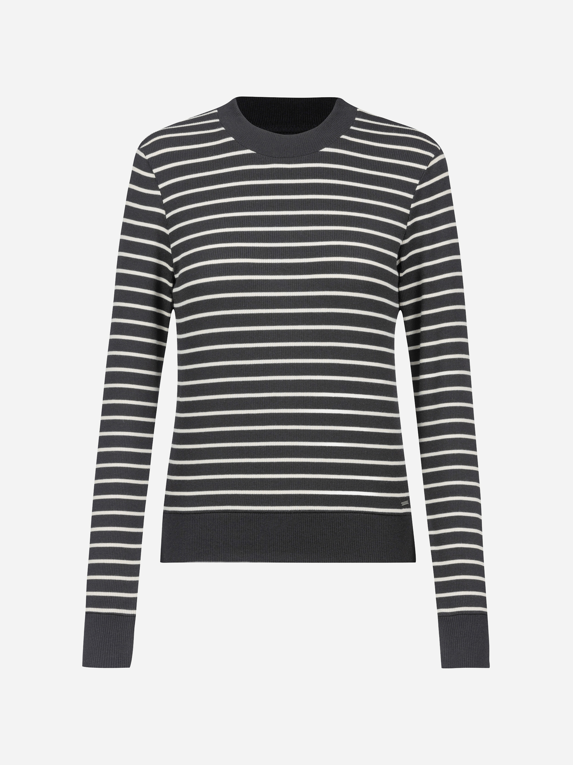 Schwarz-weiß gestreifter Langarmpullover mit Rundhalsausschnitt, präsentiert vor einem schlichten weißen Hintergrund.