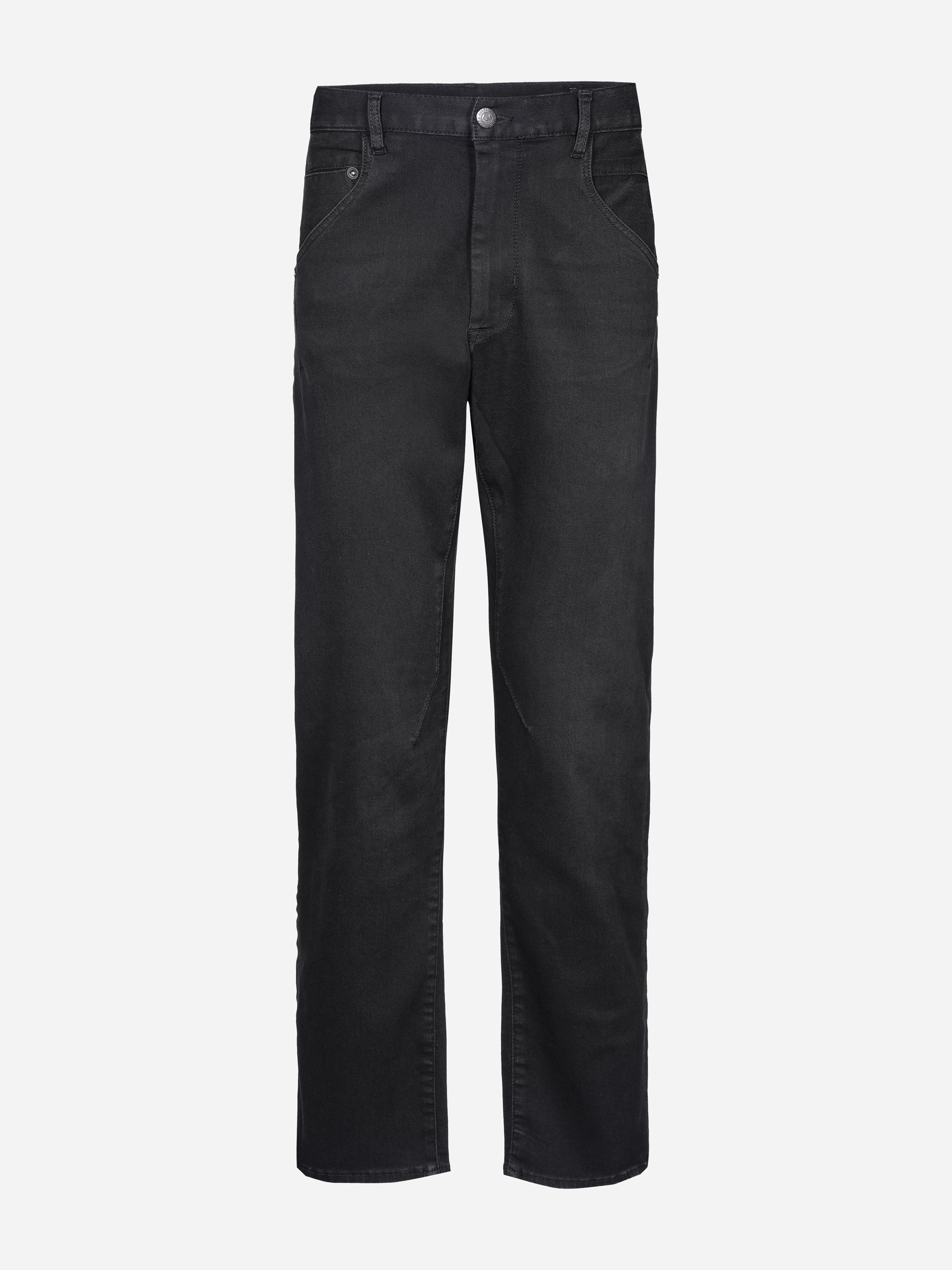 Schwarze Jeans mit geradem Bein, Knopf- und Reißverschluss, Vorder- und Gesäßtaschen, auf weißem Hintergrund.