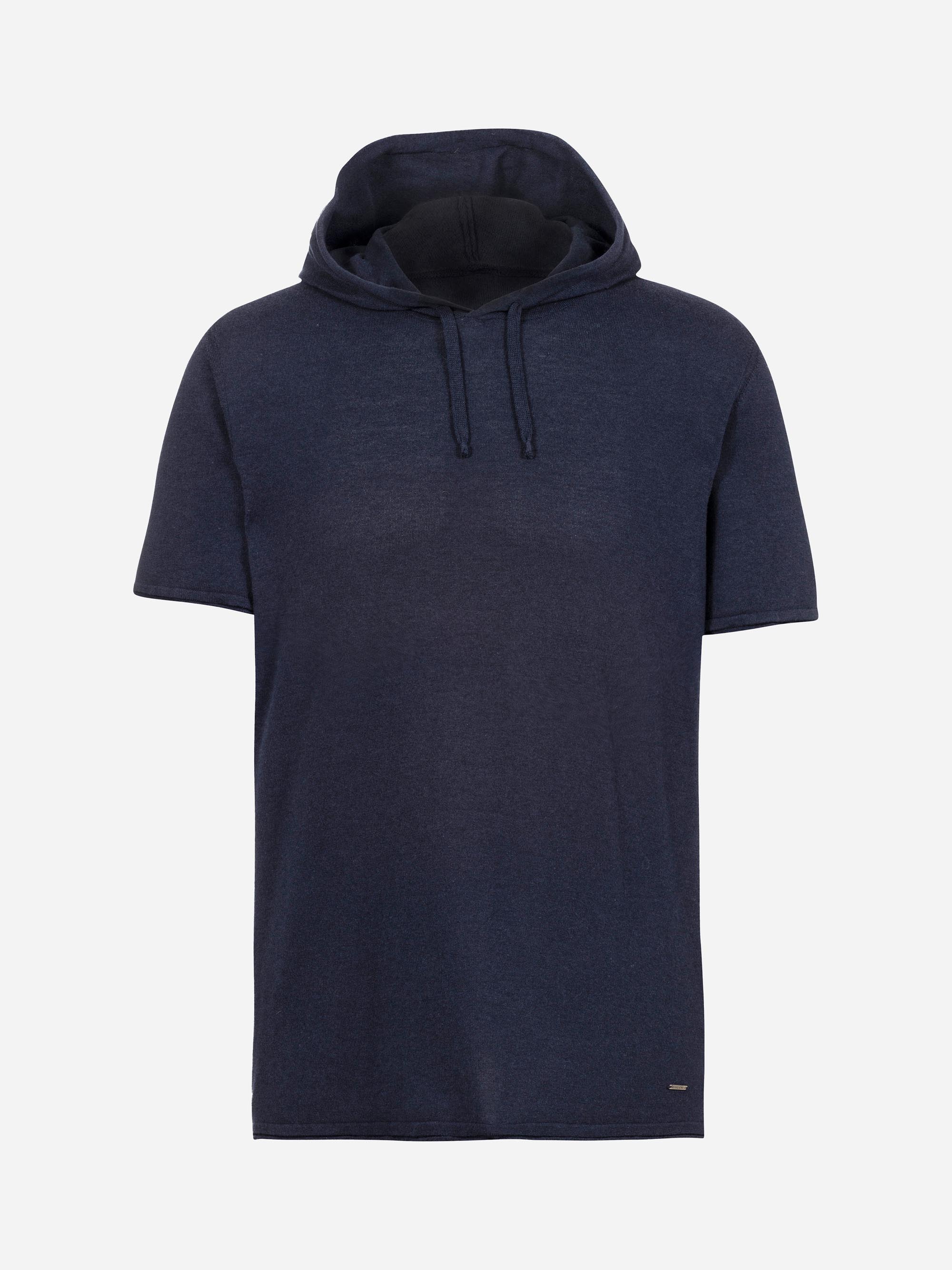 Marineblauer Kurzarm-Kapuzenpullover mit Kapuze und Kordelzug auf weißem Hintergrund.