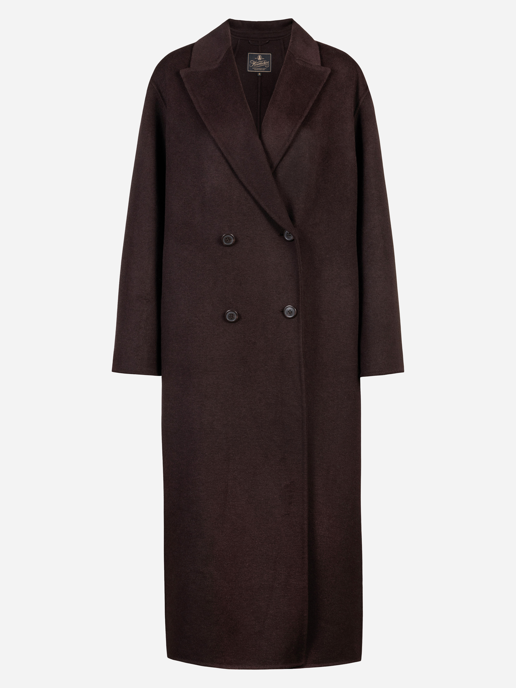 Langer, dunkelbrauner, doppelreihiger Wollmantel mit breitem Revers und zwei Knopfreihen auf einfarbig weißem Grund.