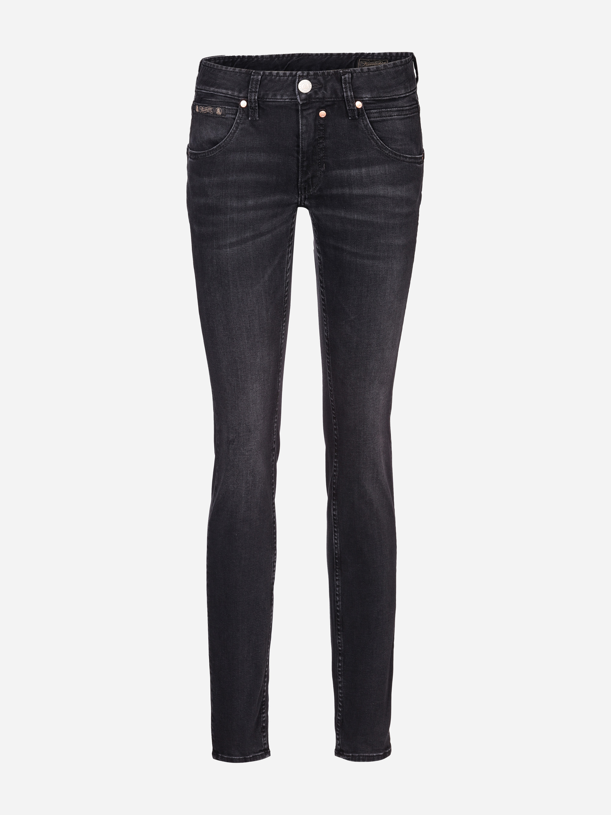 Schwarze Slim-Fit-Jeans mit Vorder- und Gesäßtaschen, Knopf- und Reißverschluss und dezentem Fading an den Oberschenkeln auf einfarbig weißem Hintergrund.