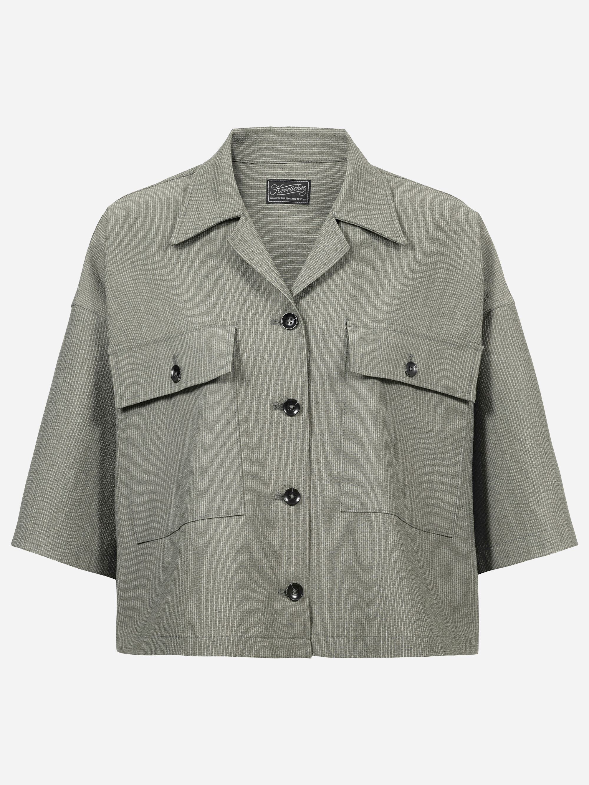 Kurzärmeliges, hellgraues Button-up-Hemd mit Kragen und zwei Pattentaschen auf der Vorderseite, mit schwarzen Knöpfen und einer lockeren, kastenförmigen Passform.