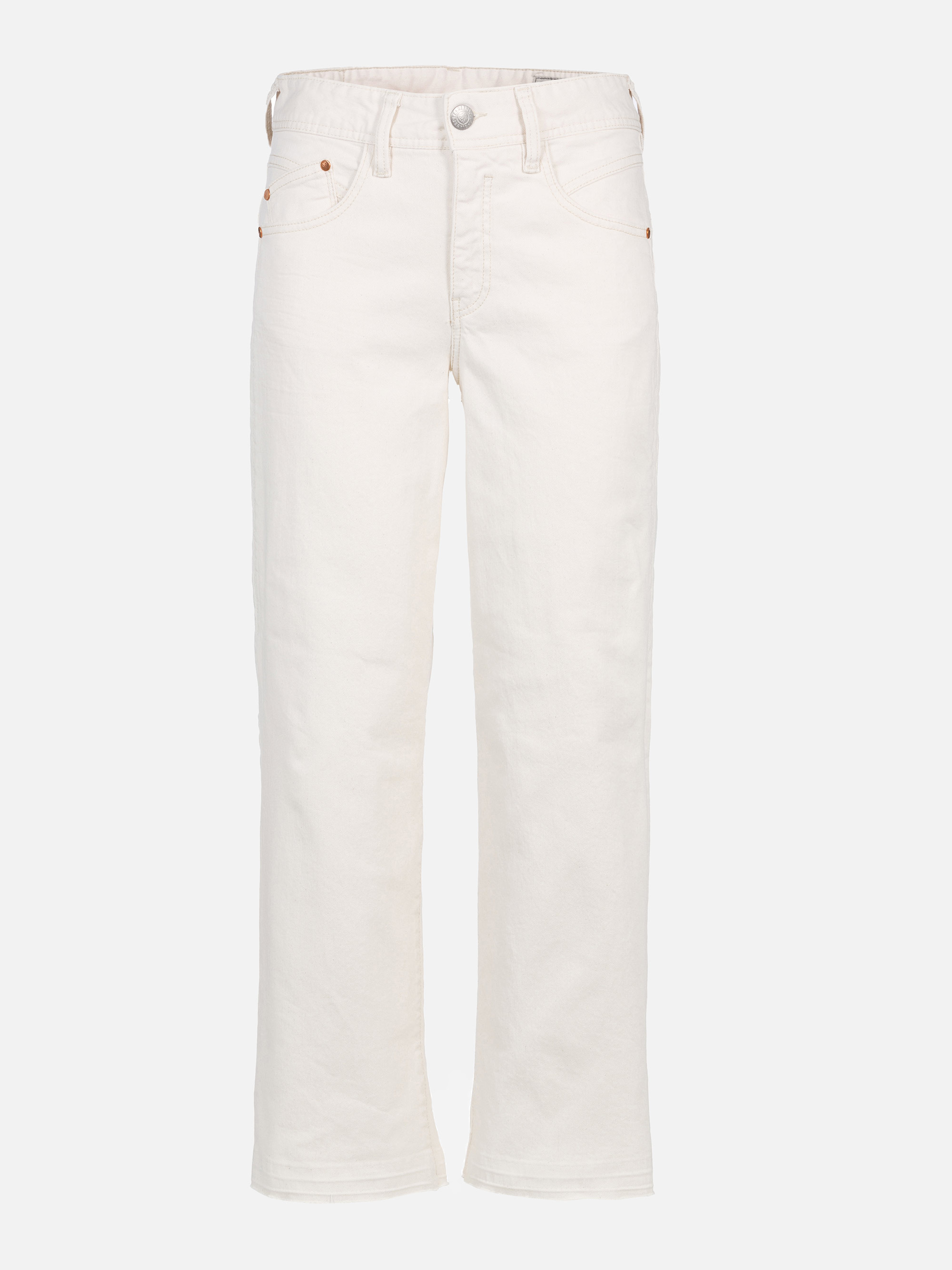 Weiße Jeans mit geradem Bein und hoher Taille, mit Vorder- und Gesäßtaschen, Gürtelschlaufen und einem Knopf- und Reißverschluss auf weißem Hintergrund.
