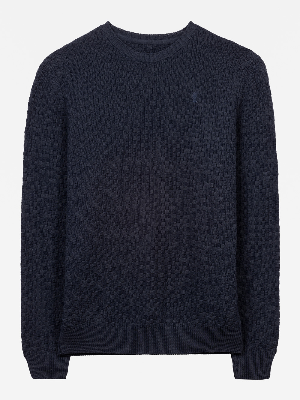 Marineblauer, langärmeliger Pullover mit Rundhalsausschnitt und strukturiertem Waffelstrickmuster, flach auf weißem Hintergrund.