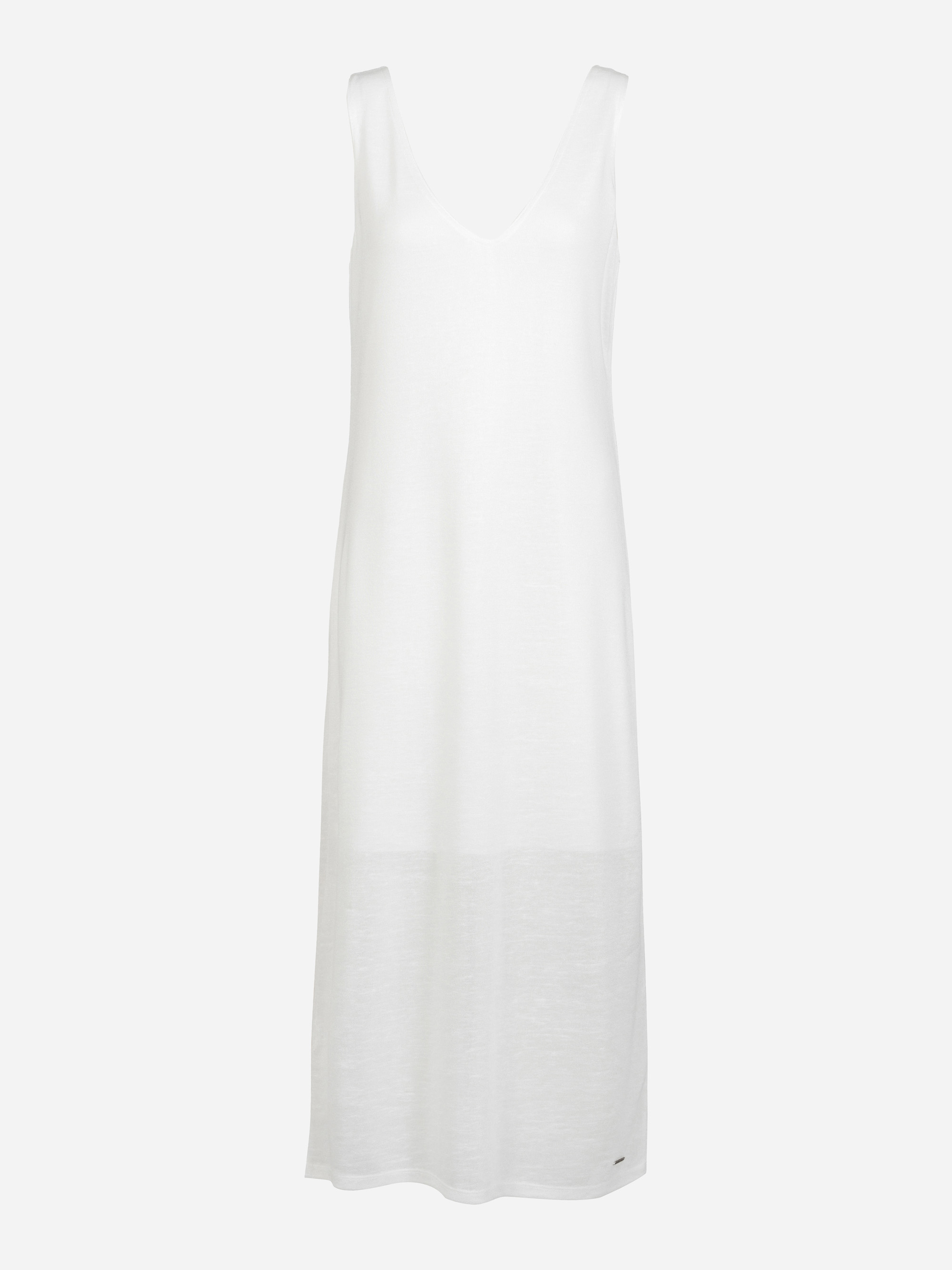 Ärmelloses weißes Kleid mit V-Ausschnitt und einer lockeren, geraden Silhouette, das auf einem einfarbig weißen Hintergrund gezeigt wird. Das Kleid ist leicht und halbdurchsichtig und hat ein einfaches, minimalistisches Design.