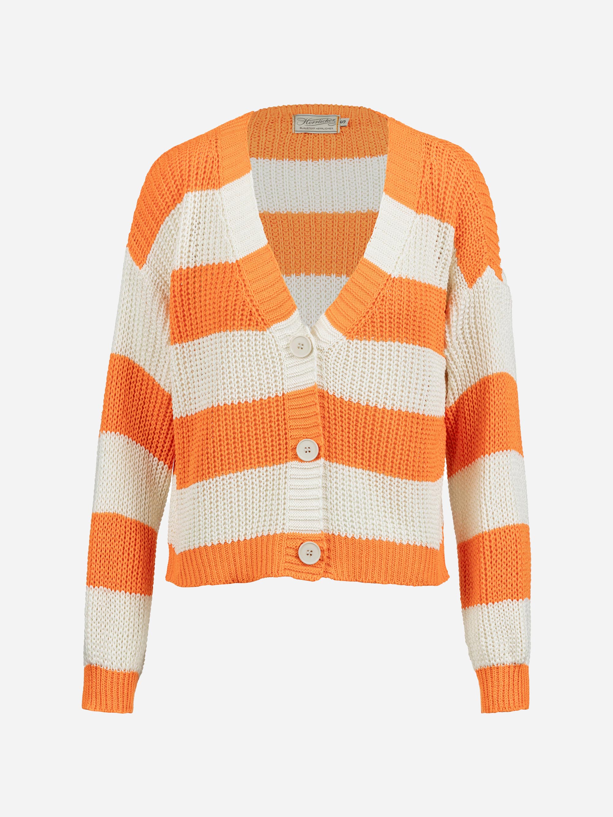 Strickjacke mit breiten horizontalen Streifen in Orange und Off-White, mit V-Ausschnitt, Rippbündchen an Ärmeln und Saum und drei großen Knöpfen vorne.