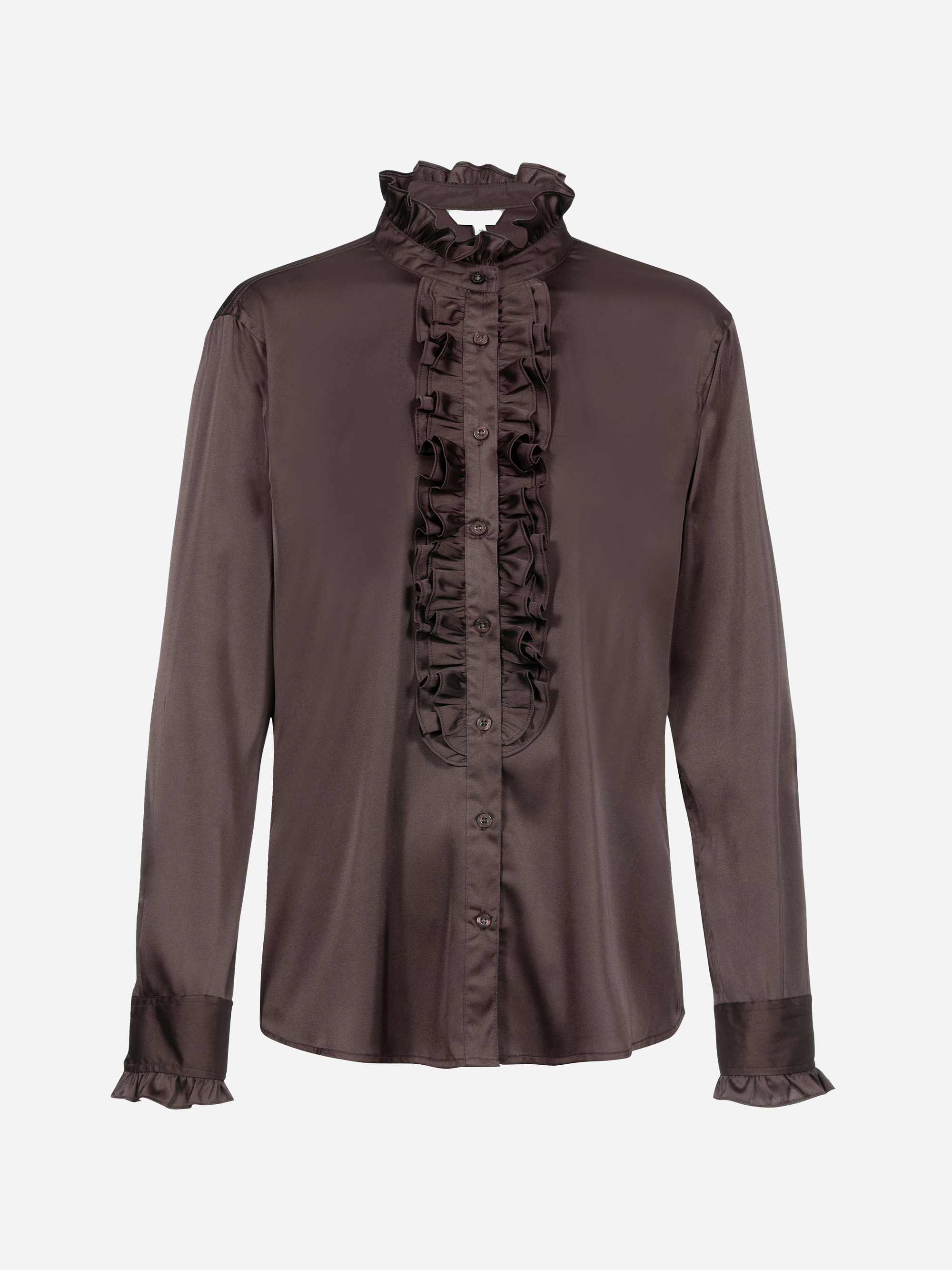 Langärmelige, dunkelbraune Satinbluse mit gerüschtem Stehkragen, gerüschten Details auf der Vorderseite, Knopfverschluss und gerüschten Manschetten auf weißem Hintergrund.