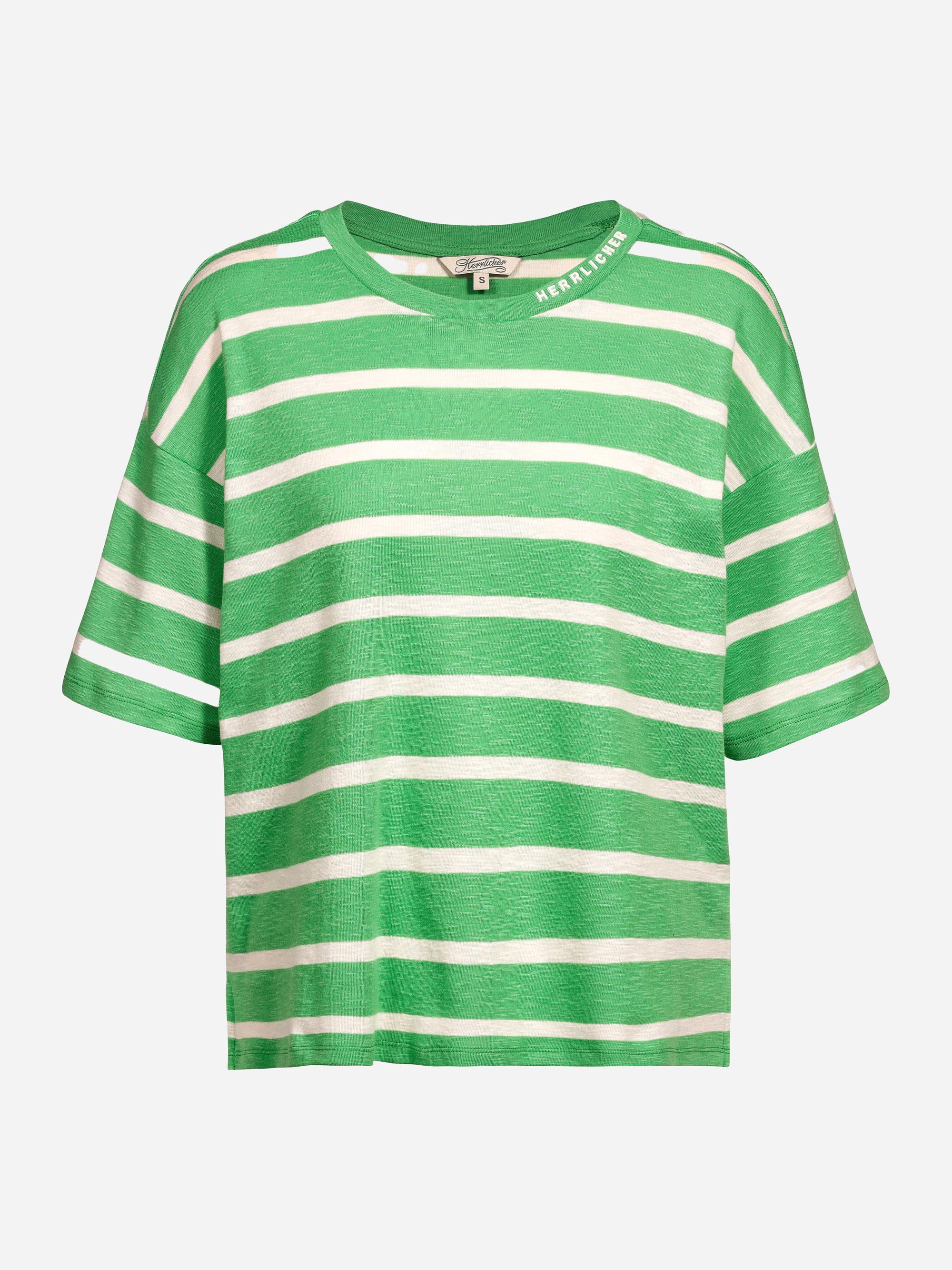 Grünes, kurzärmeliges T-Shirt mit weißen Querstreifen und lockerer Passform auf einfarbig weißem Hintergrund.