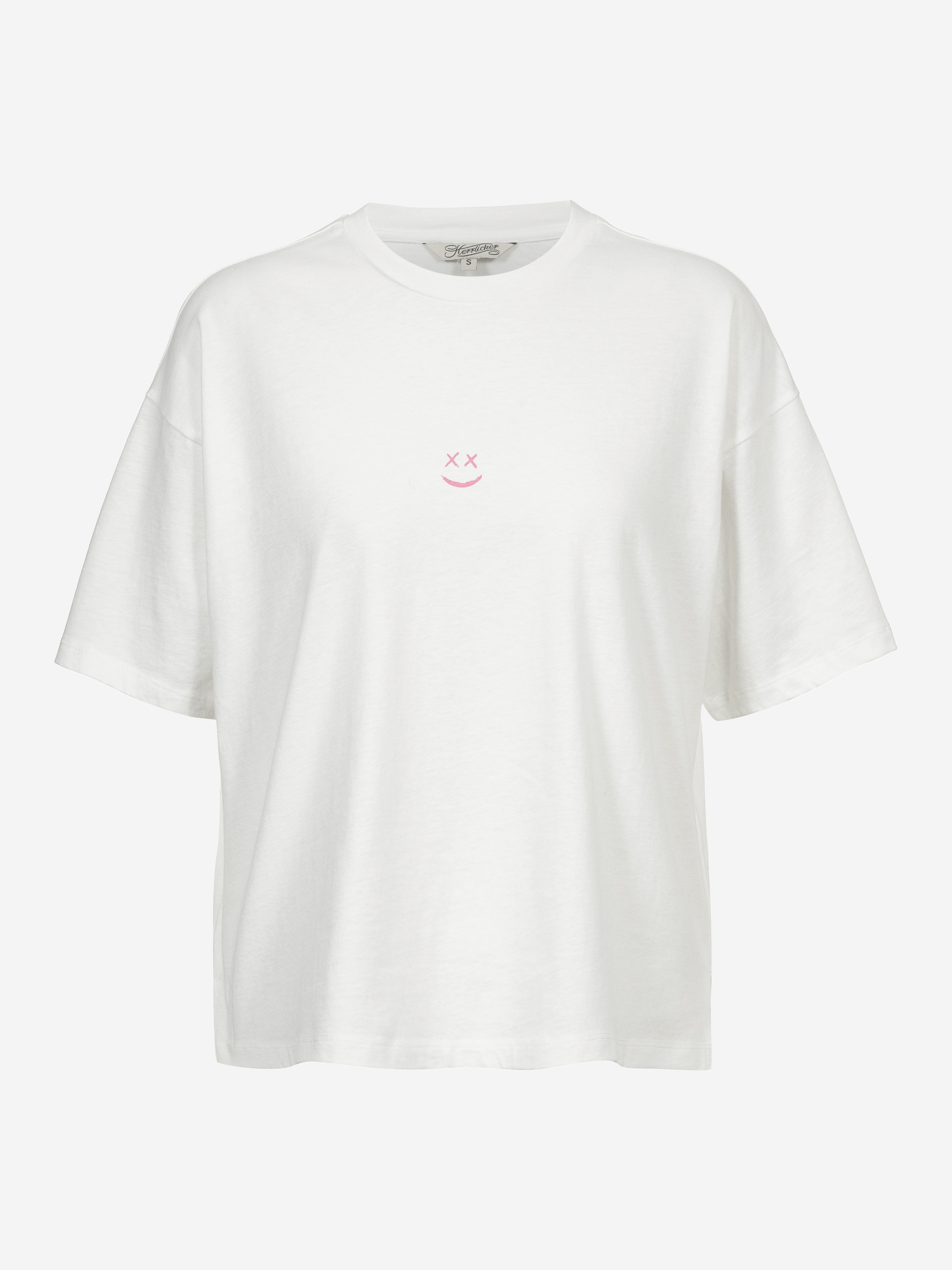 Ein schlichtes weißes T-Shirt in Übergröße mit einem kleinen rosa Smiley-Gesicht mit X als Augen, das in der Mitte der Brust aufgedruckt ist.