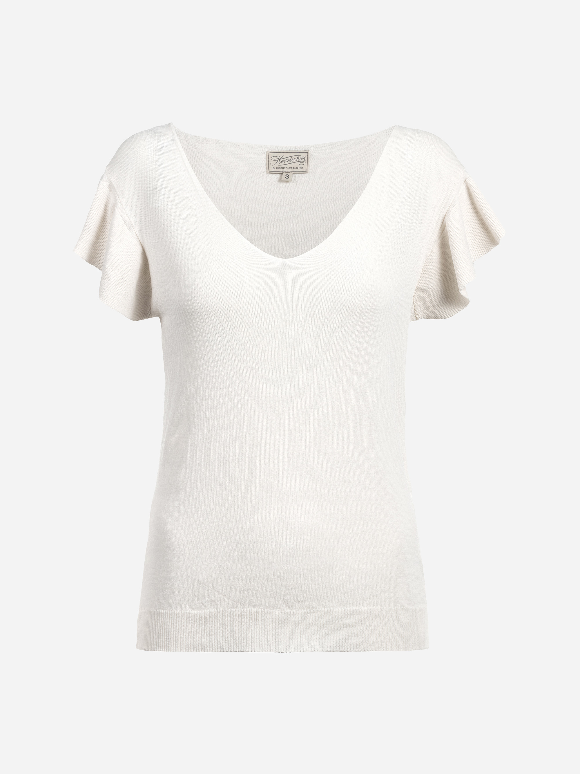 Ein kurzärmeliges, cremefarbenes Damen-Strickoberteil mit V-Ausschnitt und gerüschten Ärmeln, das auf einem schlichten hellen Hintergrund abgebildet ist.