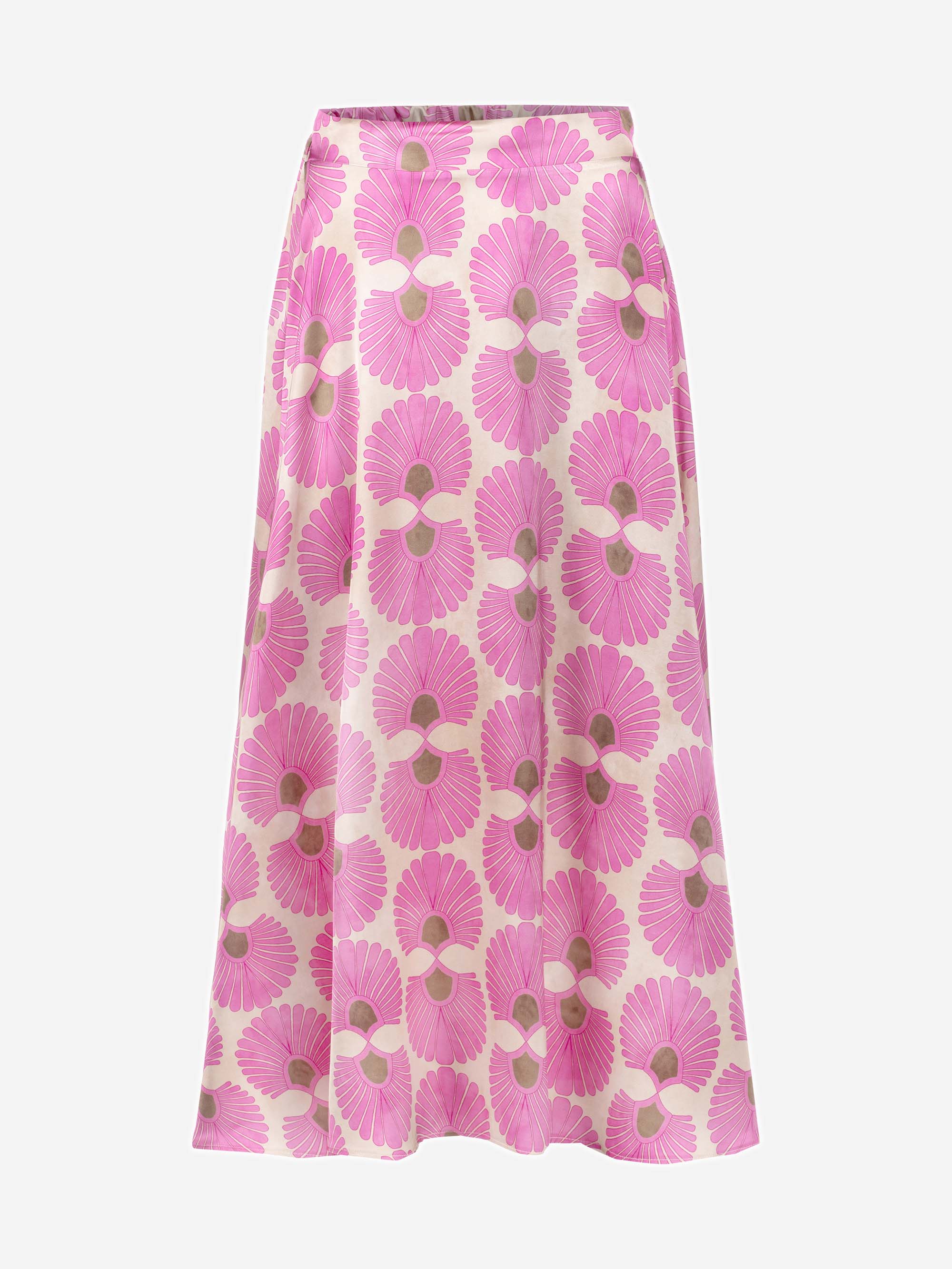 Ein mittellanger Rock in A-Linie mit einem auffälligen Muster aus großen rosa und weißen Blumen mit grüner Mitte auf hellem Grund. Der Stoff ist glatt und hat einen leichten Glanz.