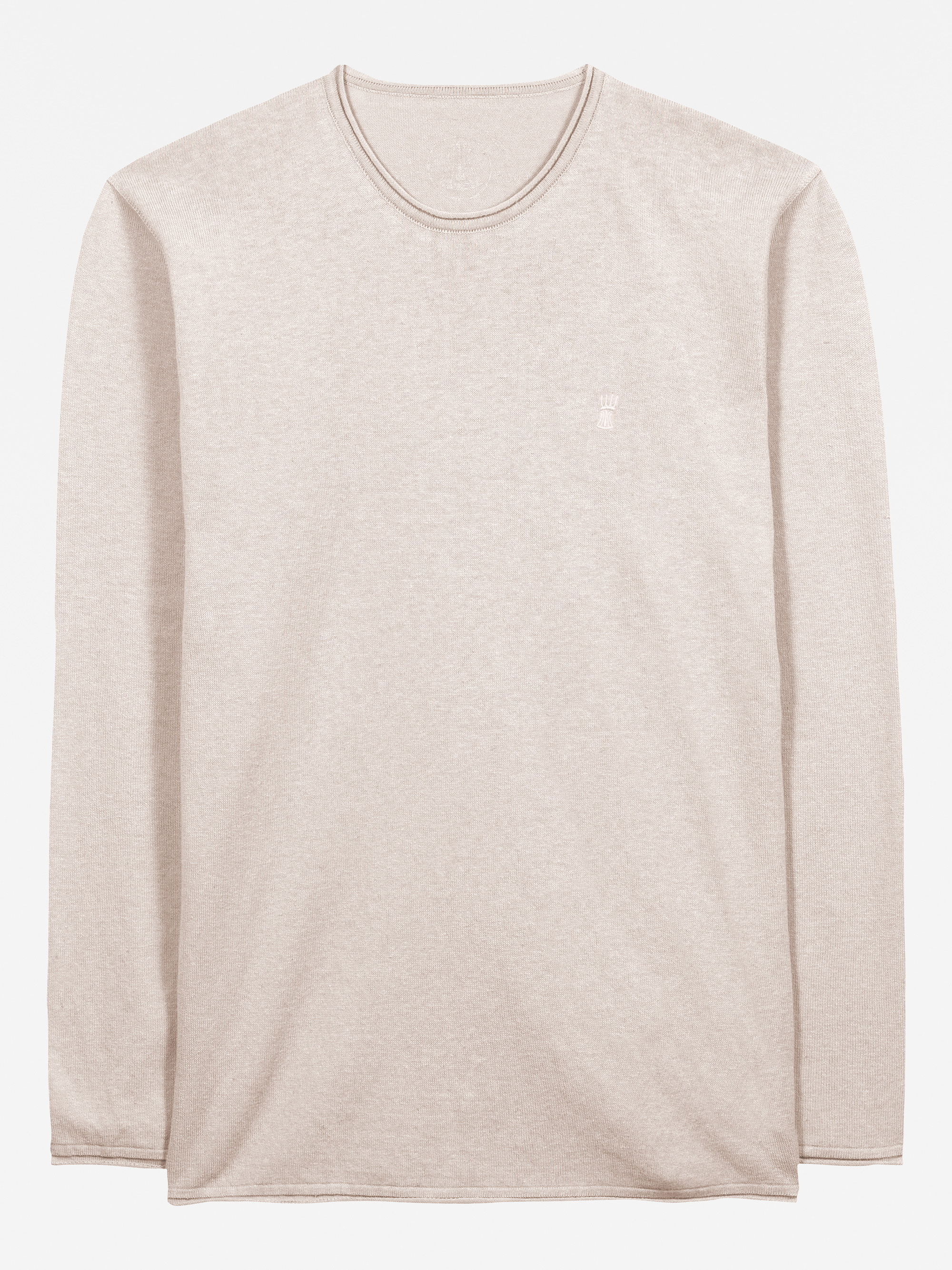 Ein schlichtes, langärmeliges, hellbeiges Crewneck-Shirt liegt flach auf weißem Grund. Auf der linken Brustseite ist ein kleines, dezentes Logo aufgestickt.