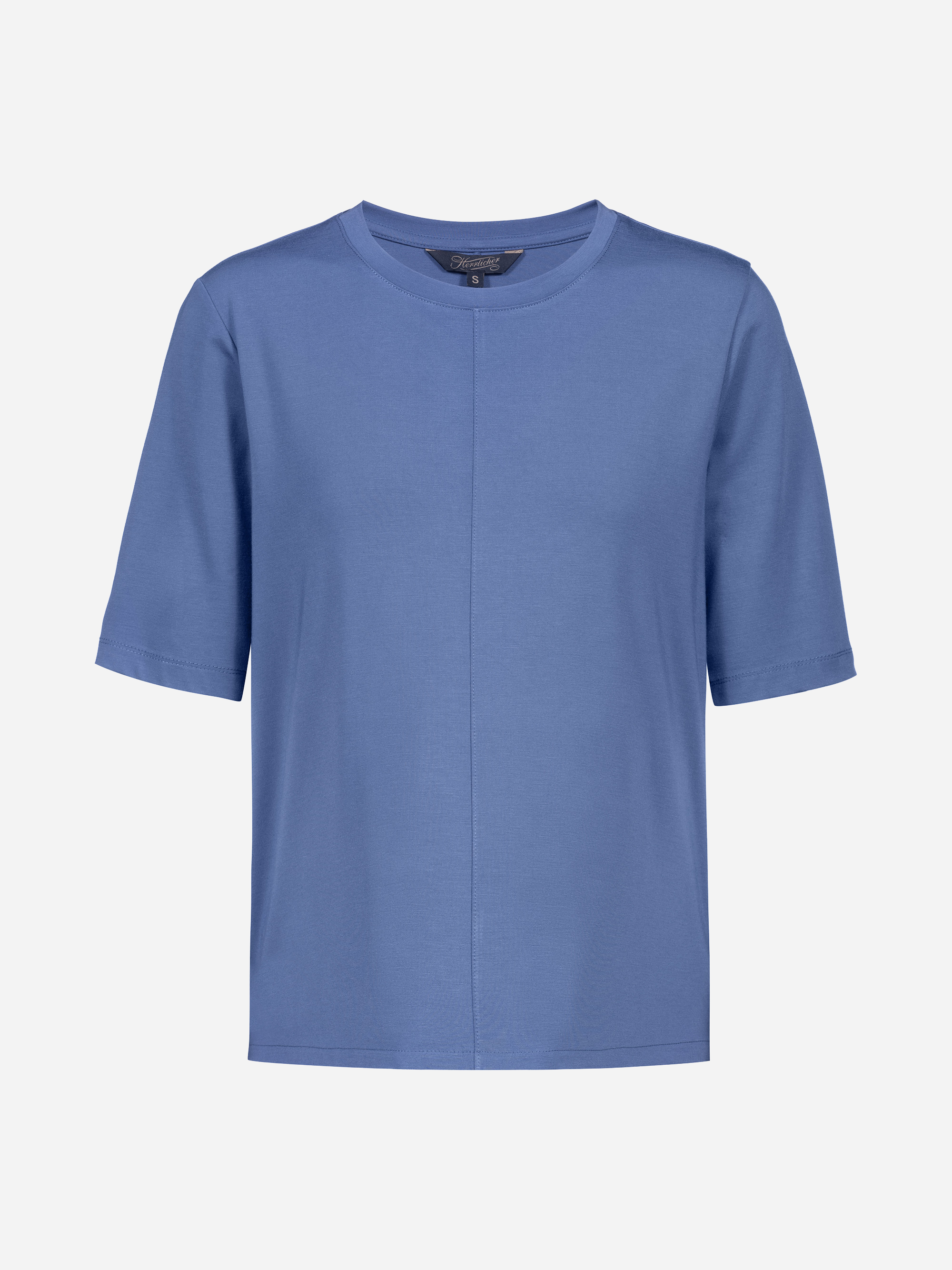 Ein schlichtes, kurzärmeliges T-Shirt mit Rundhalsausschnitt in einfarbigem Blau auf weißem Hintergrund.