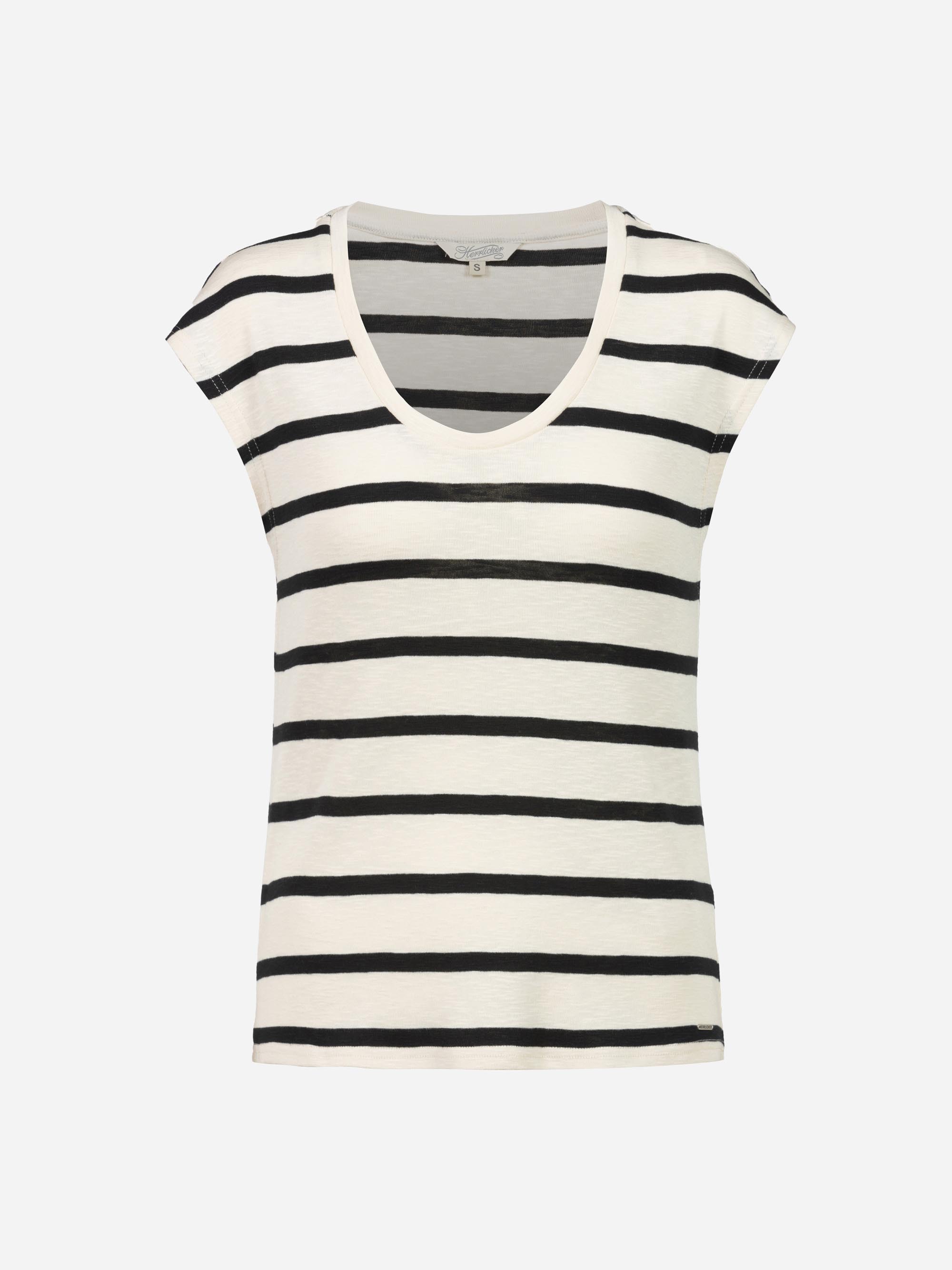 Weißes, kurzärmeliges T-Shirt mit schwarzen Querstreifen und Rundhalsausschnitt auf weißem Grund.