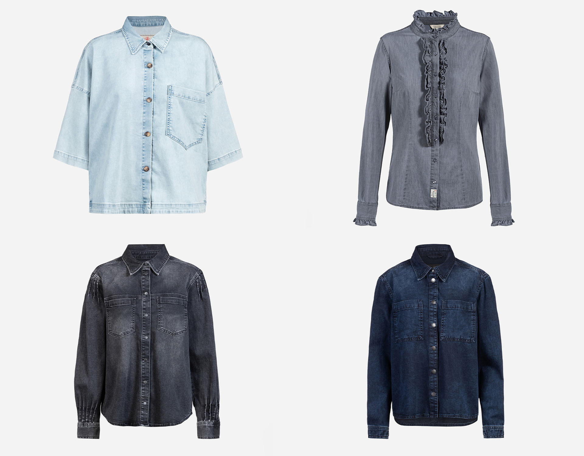Vier Jeanshemden in verschiedenen Farbtönen und Stilen sind in einem Raster angeordnet: hellblau oversized, dunkelgrau mit Rüschen, schwarz gewaschen mit Puffärmeln und tief indigo mit klassischen Taschen.