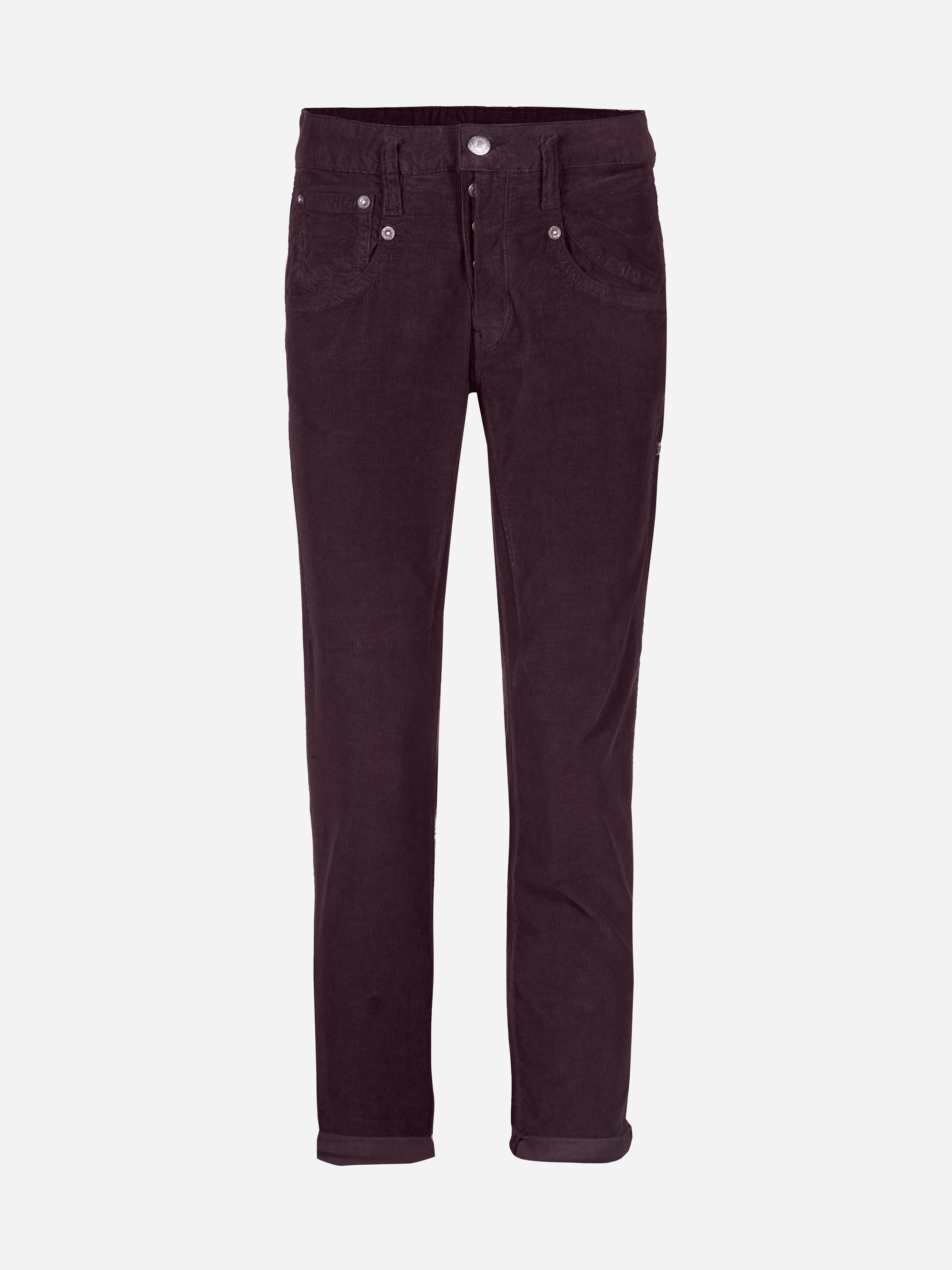 Ein Paar dunkelviolette Hosen.