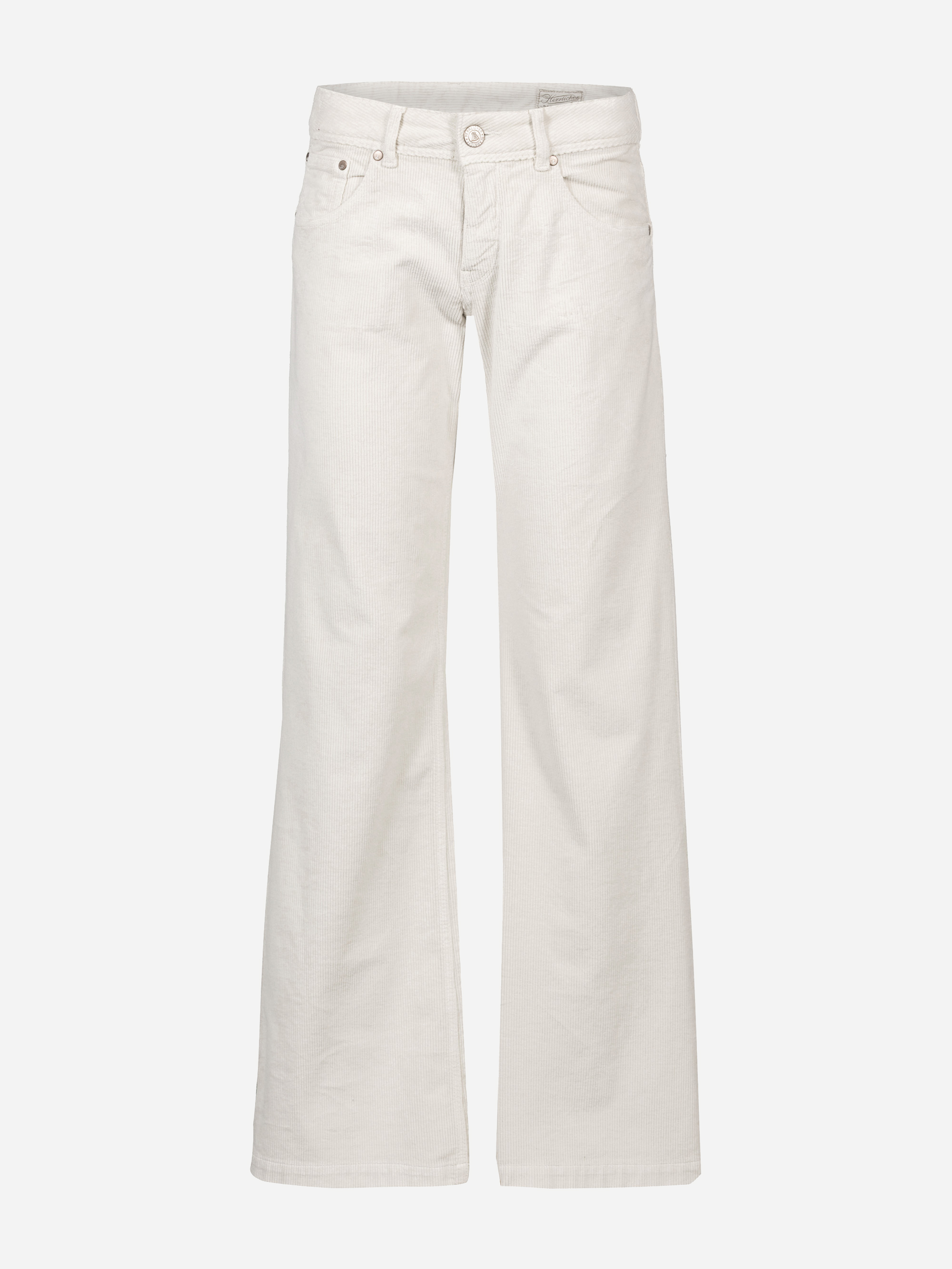 Weiße Jeans mit weitem Bein, von vorne gezeigt, mit Knopf- und Reißverschluss, Gürtelschlaufen und fünf Taschen. Die Jeans wird vor einem schlichten weißen Hintergrund präsentiert.