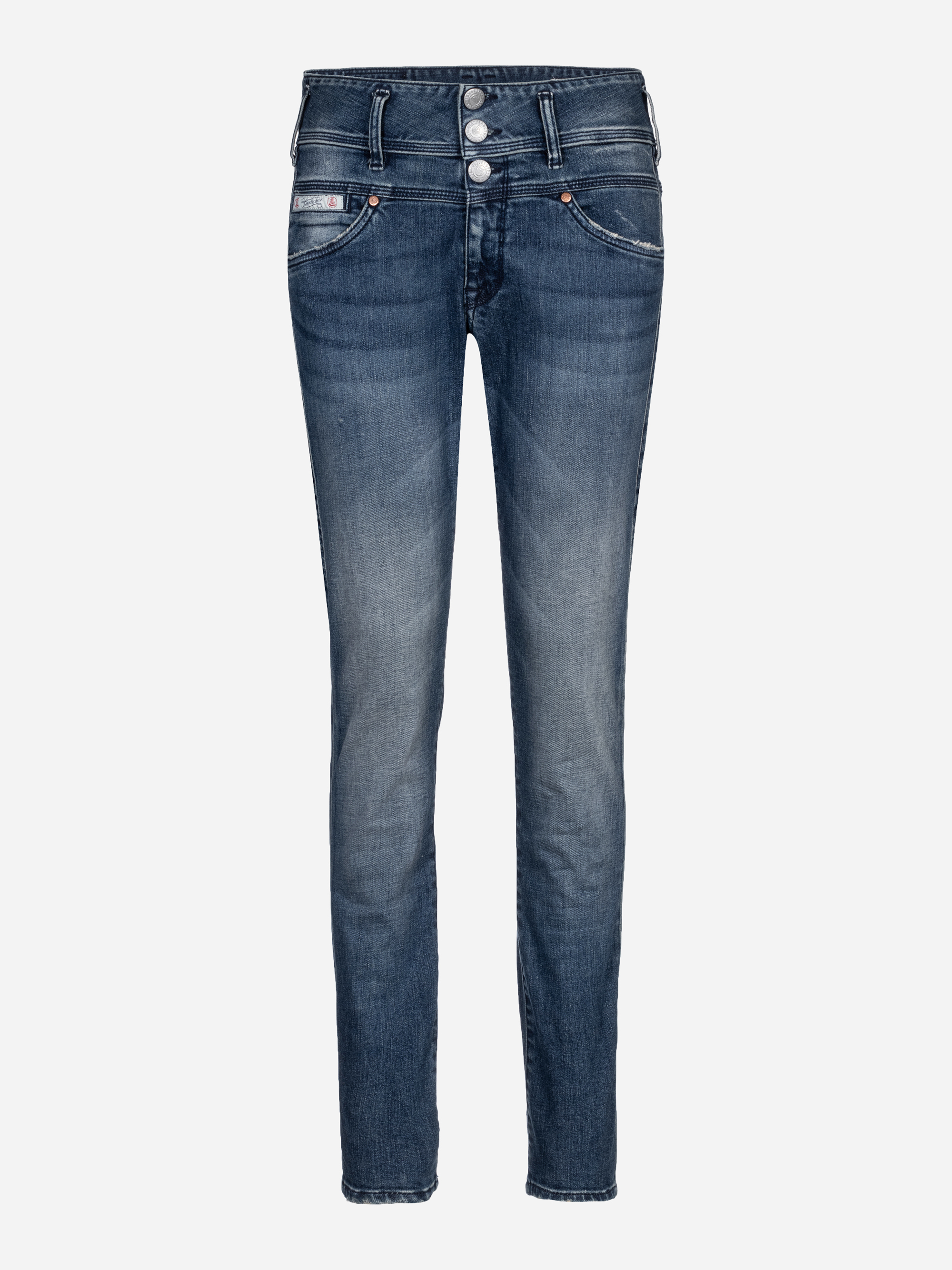 Blaue Skinny-Jeans mit verblichener Waschung, drei silbernen Knöpfen am Bund, Vorder- und Gesäßtaschen und sichtbaren Nähten.