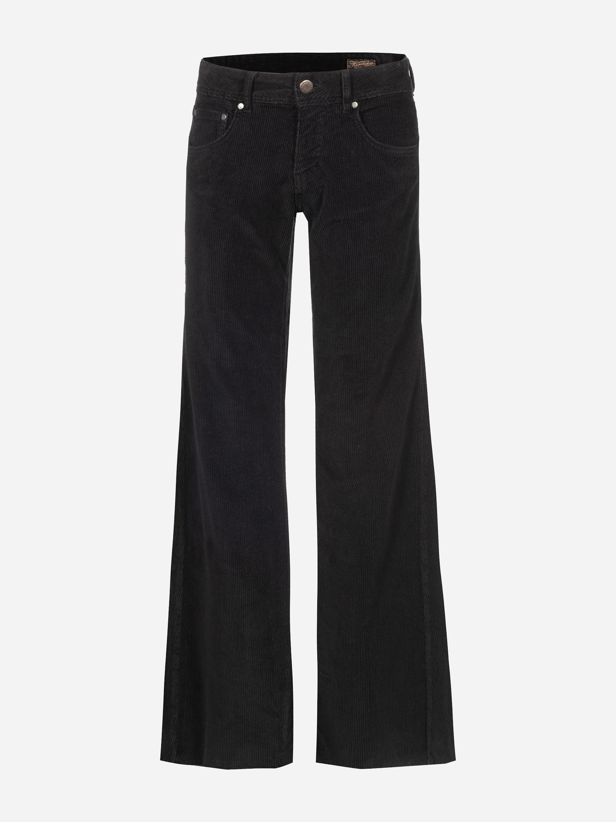 Schwarze Cordhose mit ausgestelltem Bein, Taschen vorne und hinten sowie einem Verschluss mit Knopf und Reißverschluss, präsentiert vor einem schlichten weißen Hintergrund.