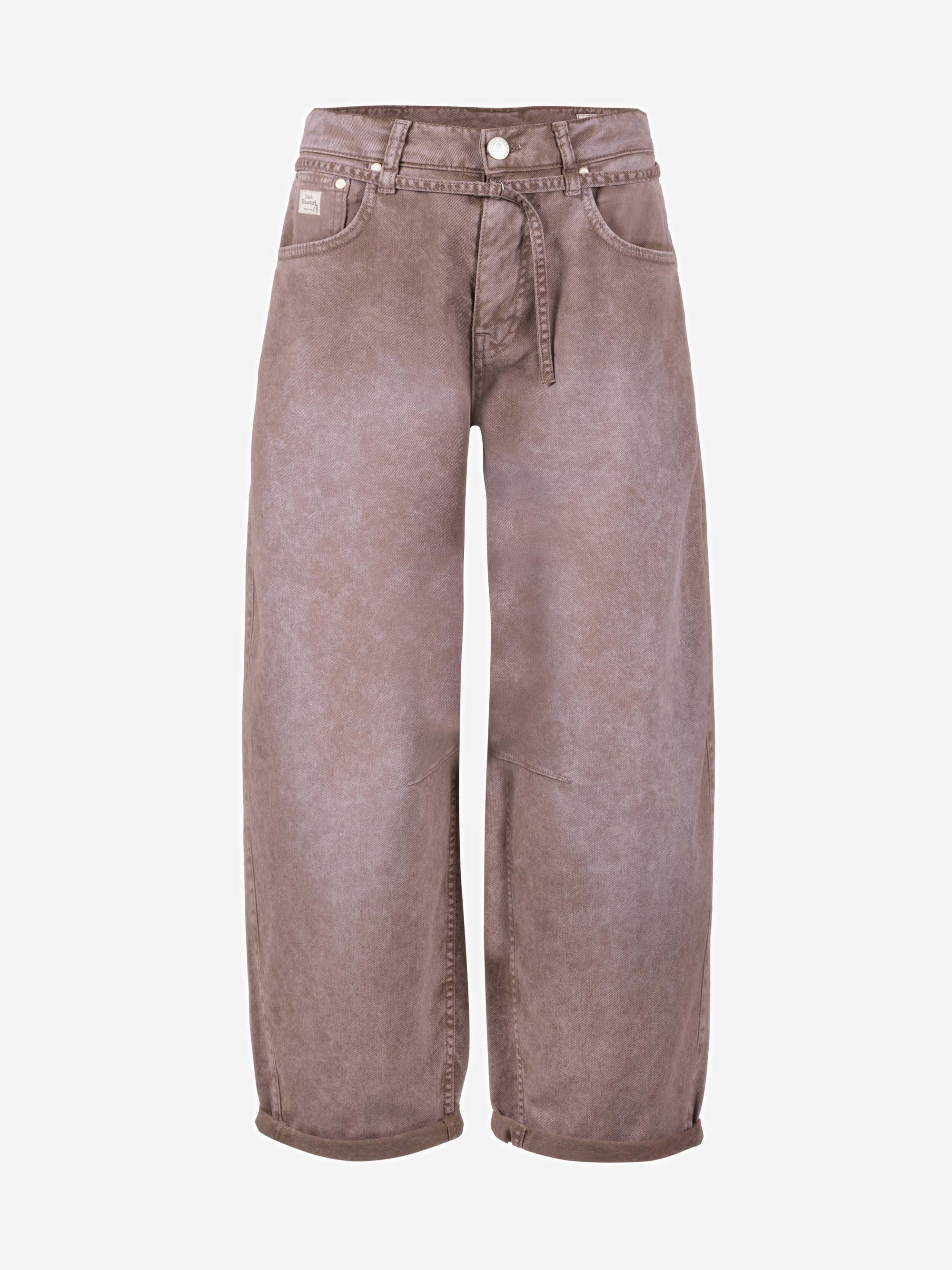 Braune Jeans mit weitem Bein und hoher Taille, leicht verwaschenem Finish, Knopf- und Reißverschluss vorne, Seiten- und Gesäßtaschen und einer entspannten, verkürzten Passform.