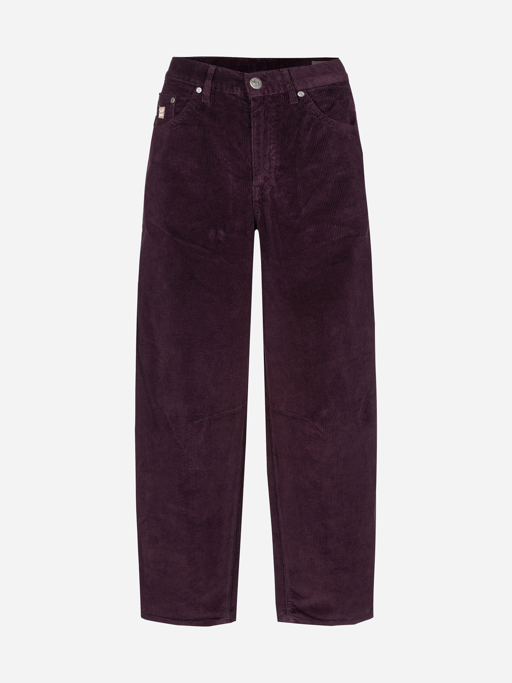 Weit geschnittene, hoch taillierte Cordhose in tiefem Lila mit Taschen auf der Vorder- und Rückseite, Gürtelschlaufen und silbernen Knöpfen und Nieten auf weißem Hintergrund.