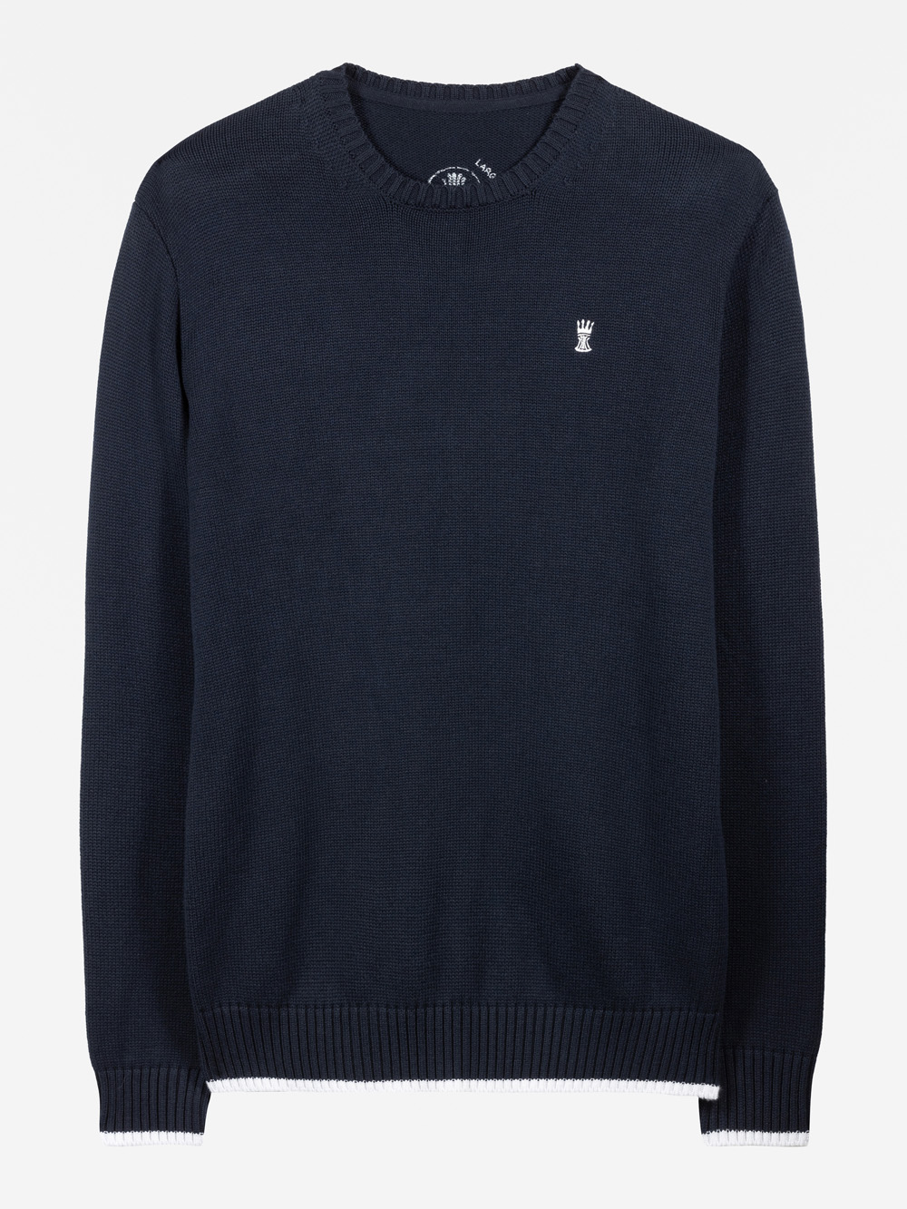 Marineblauer, langärmeliger Pullover mit Rundhalsausschnitt, gerippten Bündchen, Saum und Kragen und einem kleinen, weiß gestickten Logo auf der linken Brust.