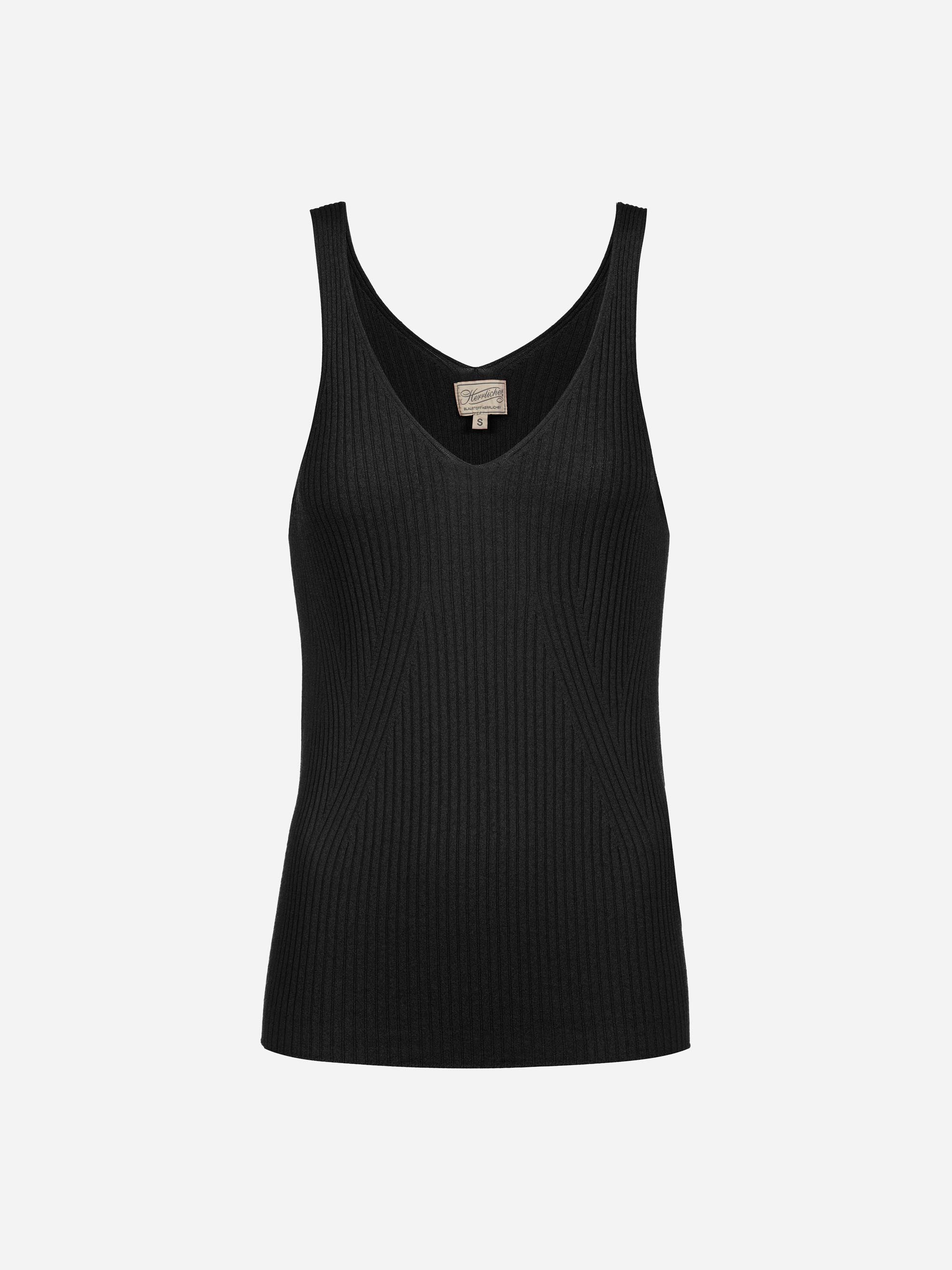 Ein ärmelloses, geripptes schwarzes Strick-Tank-Top mit V-Ausschnitt, das auf einem schlichten weißen Hintergrund abgebildet ist.