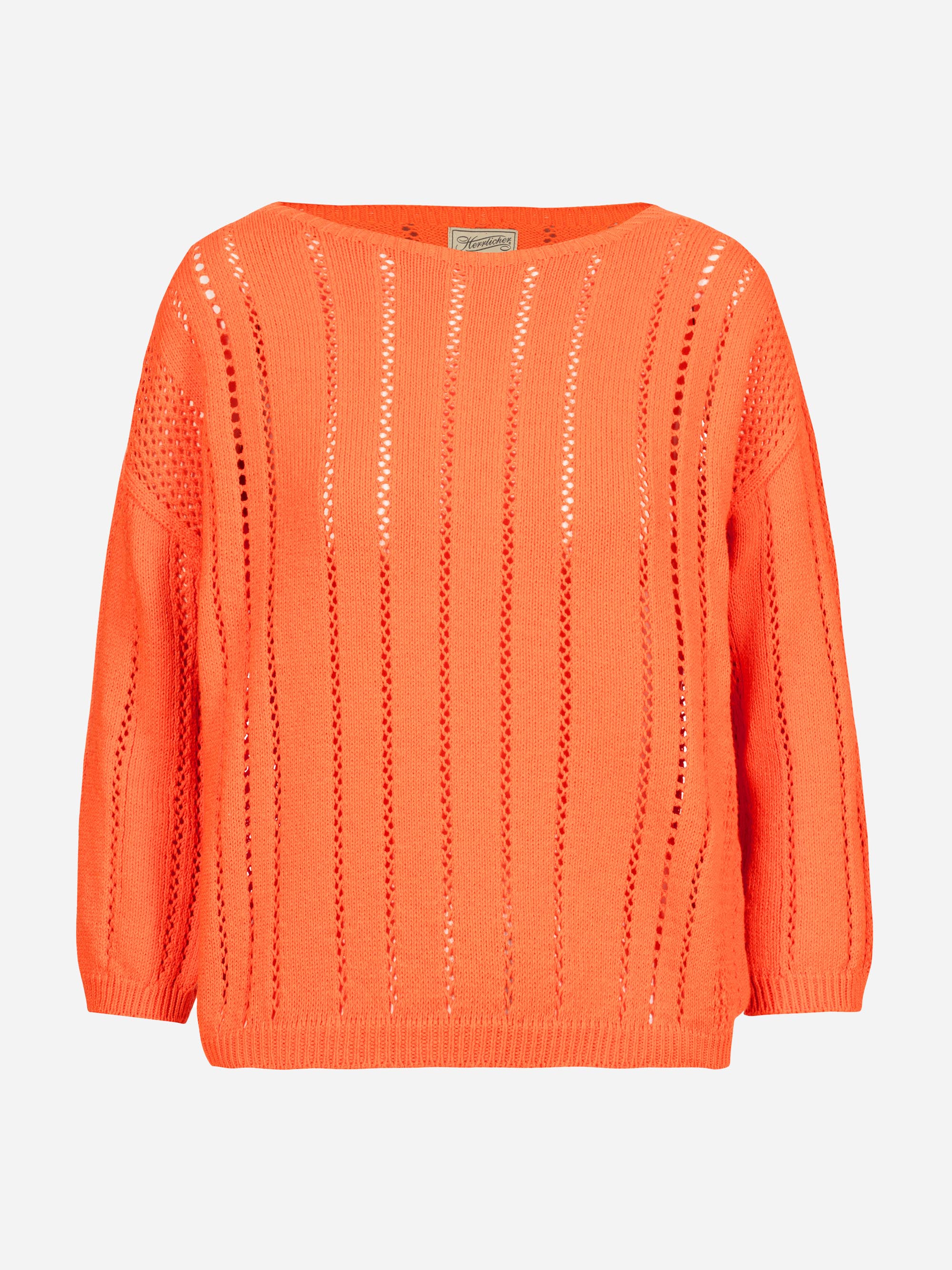 Ein leuchtend orangefarbener, langärmeliger Strickpullover mit lockerer Passform und vertikalen, durchbrochenen Mustern auf einfarbig weißem Hintergrund.