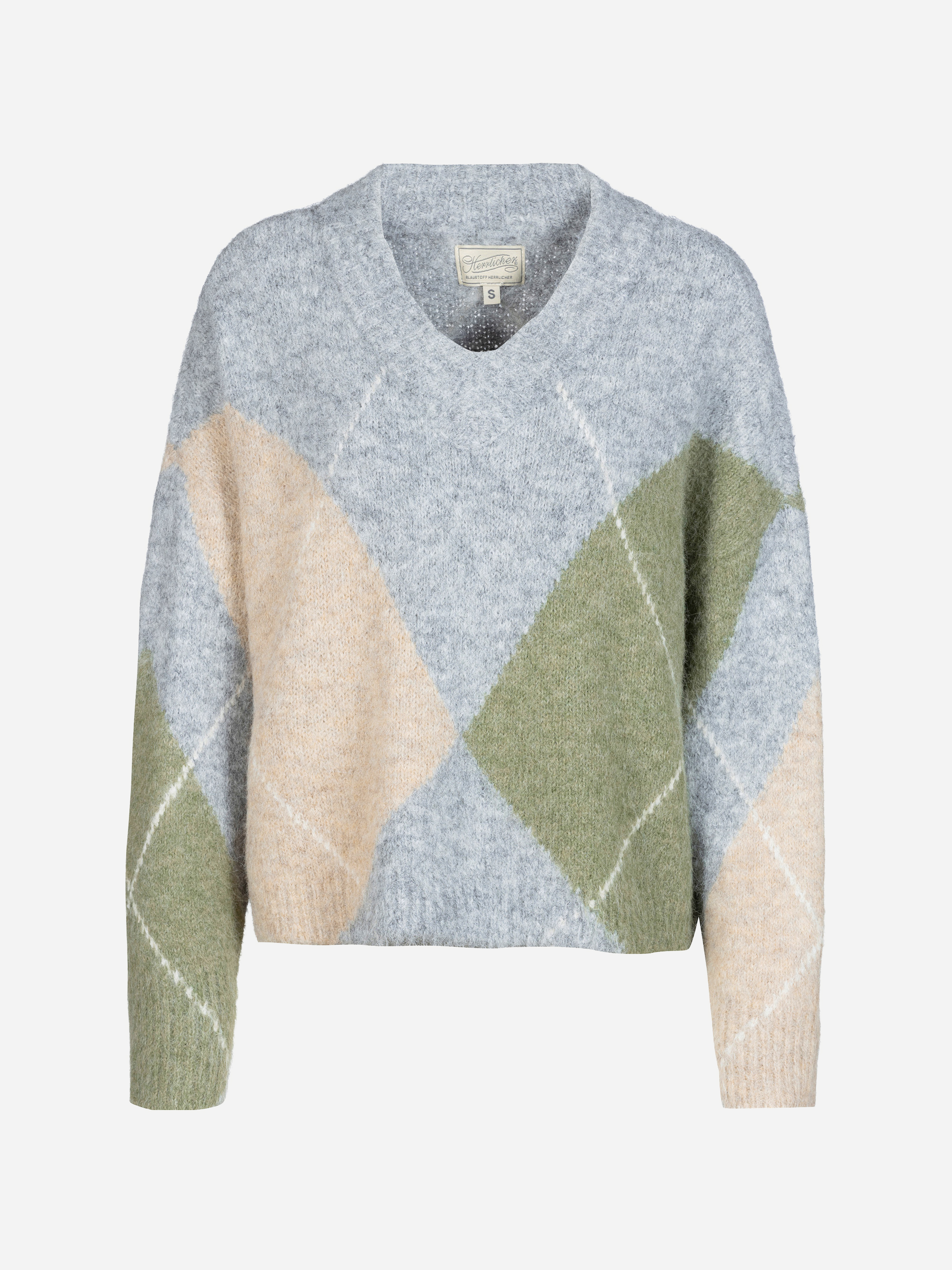 Ein flauschiger Pullover mit V-Ausschnitt und langen Ärmeln, verziert mit einem großen Argyle-Muster in Hellblau, Grün und Beige auf hellem Hintergrund.