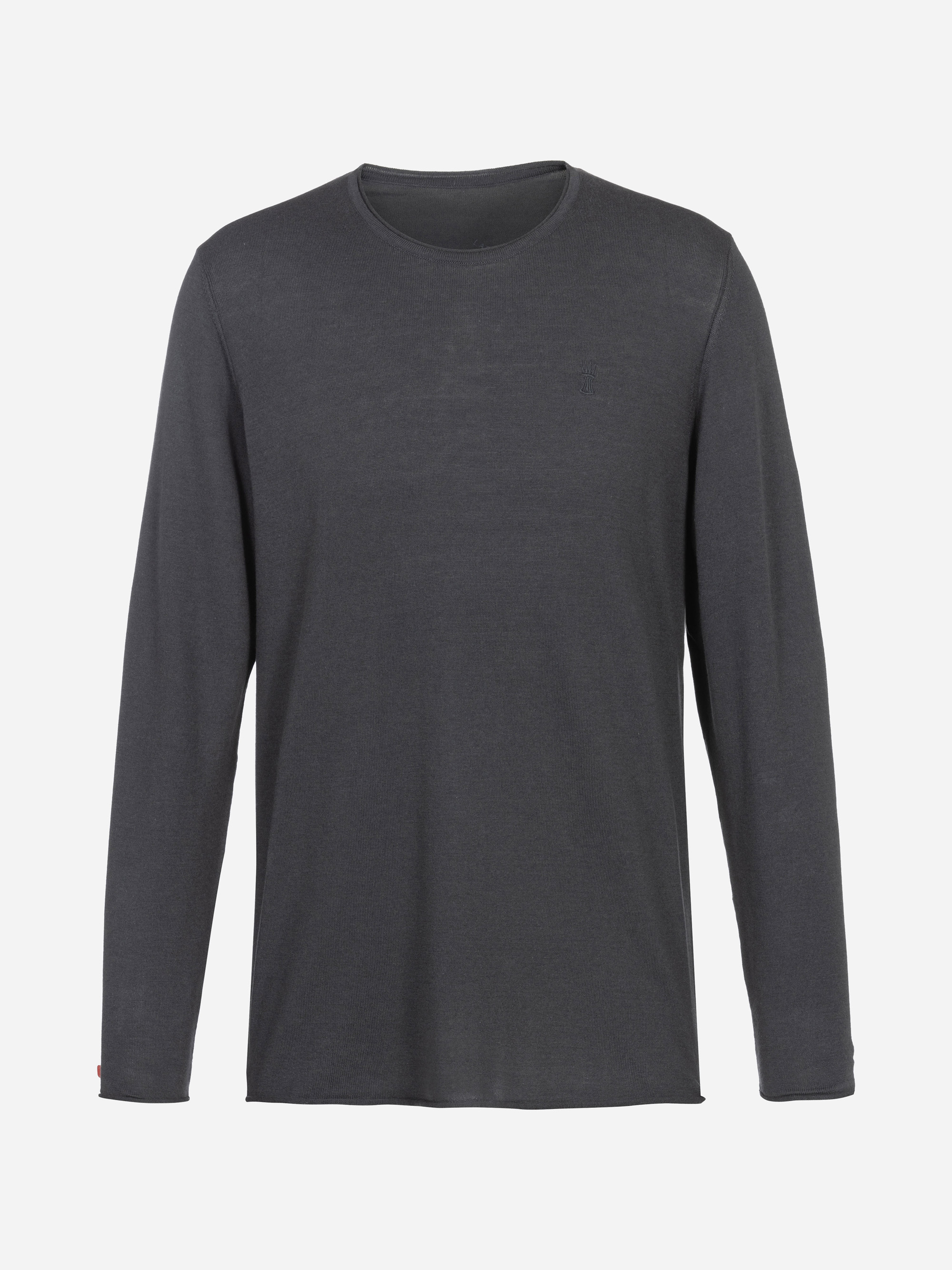 Ein einfarbiges, langärmeliges, dunkelgraues T-Shirt mit Rundhalsausschnitt auf weißem Hintergrund.