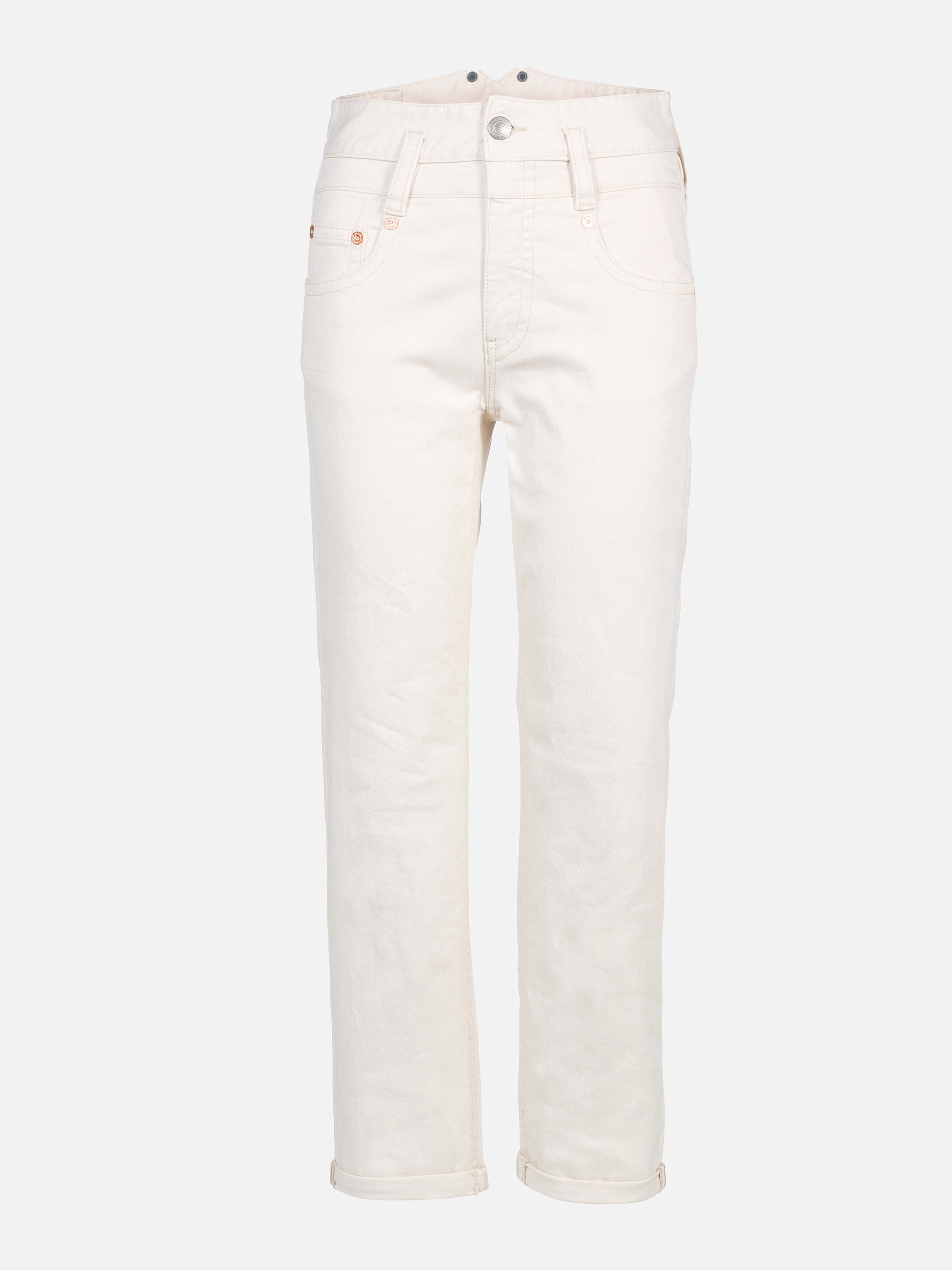 Ein Paar cremefarbene Jeans mit geradem Bein, Vorder- und Gesäßtaschen, Gürtelschlaufen und einem Knopf- und Reißverschluss auf weißem Hintergrund.