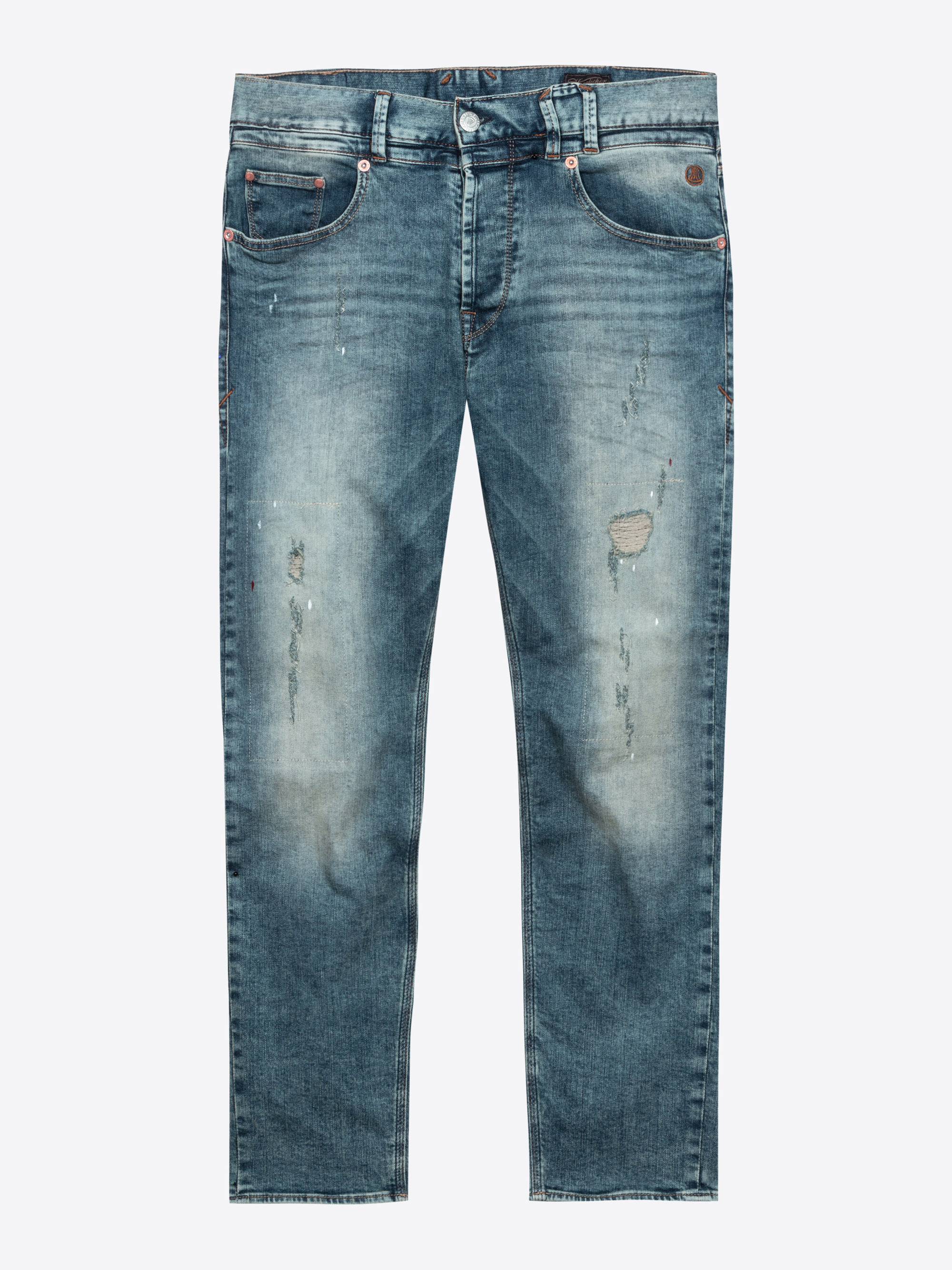 Blaue Distressed-Jeans mit verblichener Waschung, sichtbaren Rissen und abgenutzten Flicken auf der Vorderseite, fünf Taschen und Knopfleiste.
