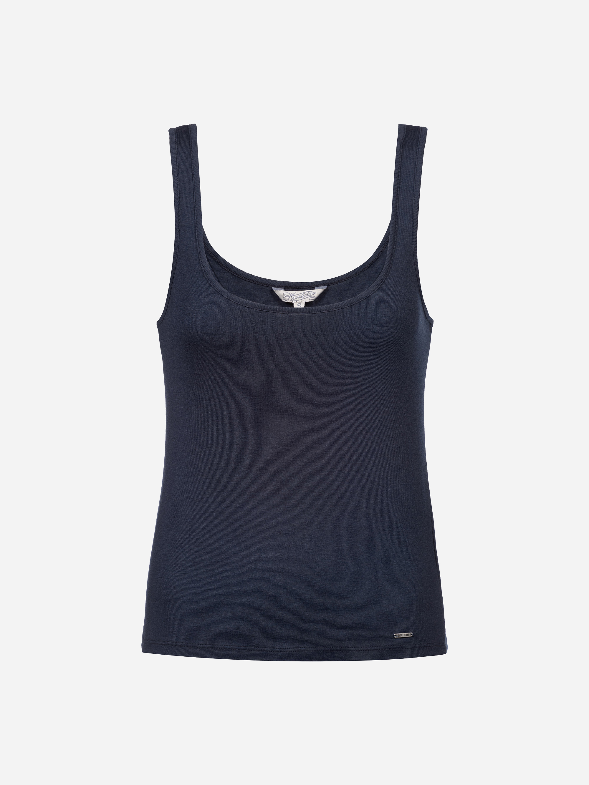 Ein navyblaues, ärmelloses Damen-Tank-Top mit Rundhalsausschnitt, das auf einem schlichten weißen Hintergrund abgebildet ist.