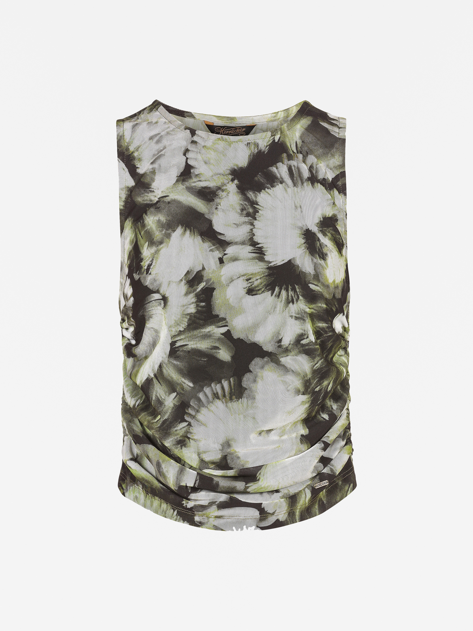 Ärmelloses Oberteil mit einem abstrakten Blumenmuster in Grün, Grau und Schwarz. Der Stoff hat leichte Rüschen an den Seiten und einen leicht drapierten Saum. Der Hintergrund ist einfarbig weiß.