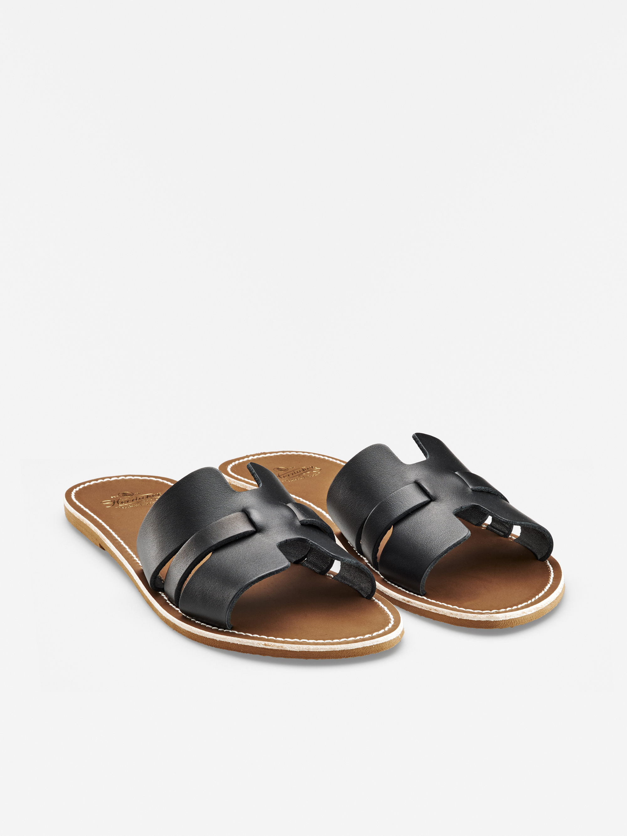 Ein Paar flache, zehenoffene Sandalen mit überkreuzten Riemen aus schwarzem Leder und hellbraunen Sohlen, die auf einem schlichten weißen Hintergrund abgebildet sind.