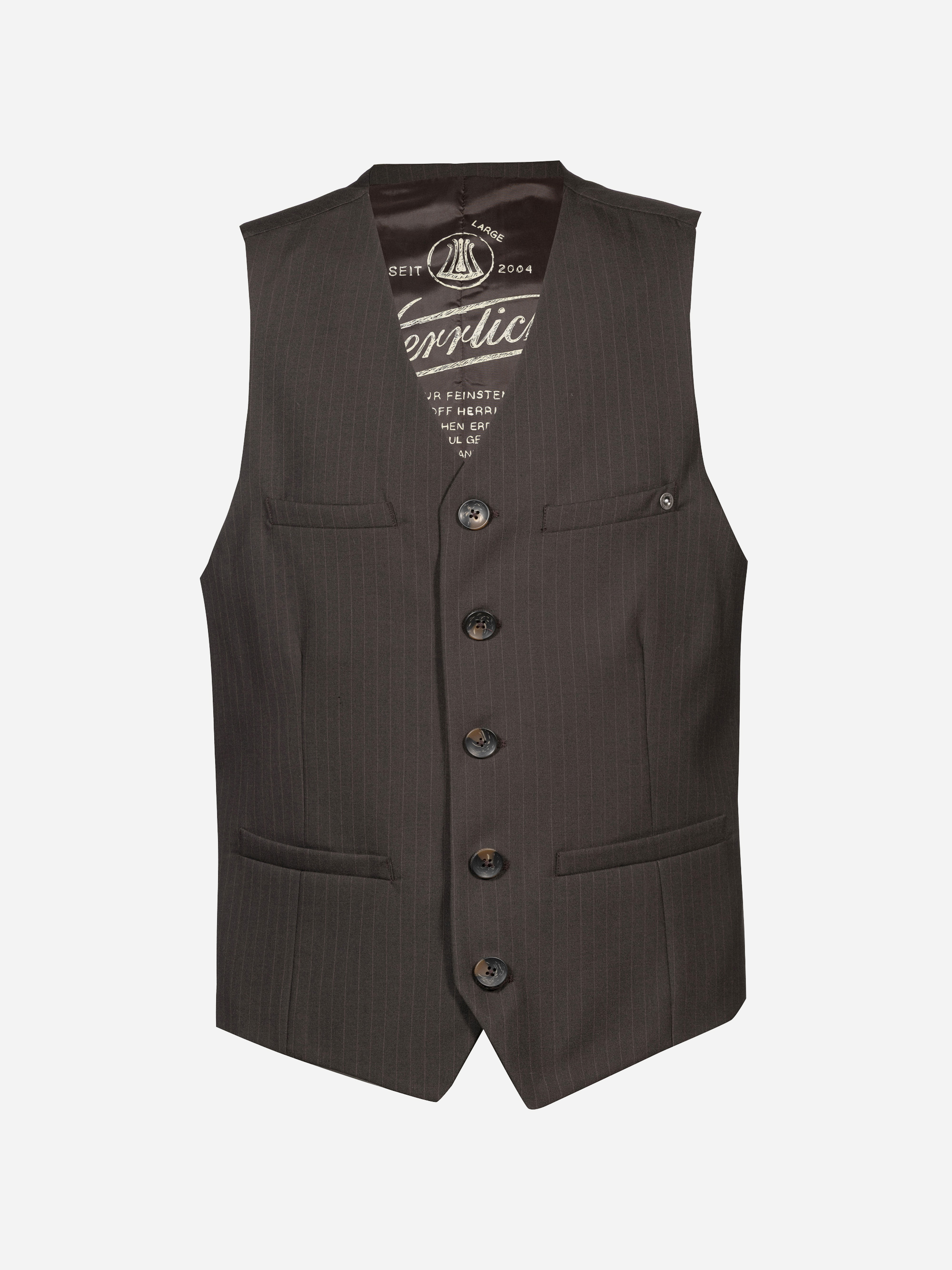 Eine dunkelbraune Weste mit Nadelstreifen, vier Knöpfen vorne, zwei unteren Taschen und zwei Brusttaschen, dargestellt vor einem schlichten weißen Hintergrund. Das Innenfutter ist mit einer dekorativen weißen Beschriftung versehen.