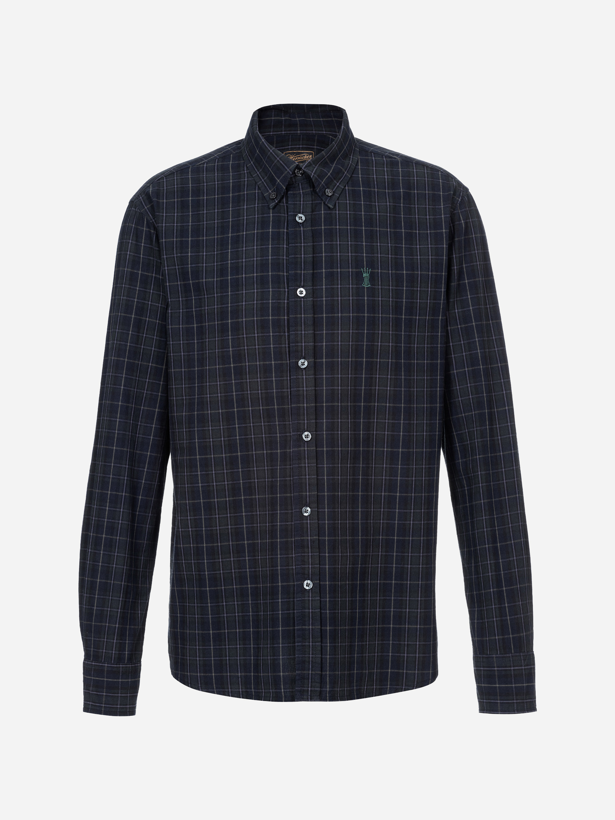 Langärmliges Hemd mit Knopfleiste und dunkelblau-weißem Karomuster, mit Button-Down-Kragen und einem kleinen grünen gestickten Logo auf der linken Brustseite.