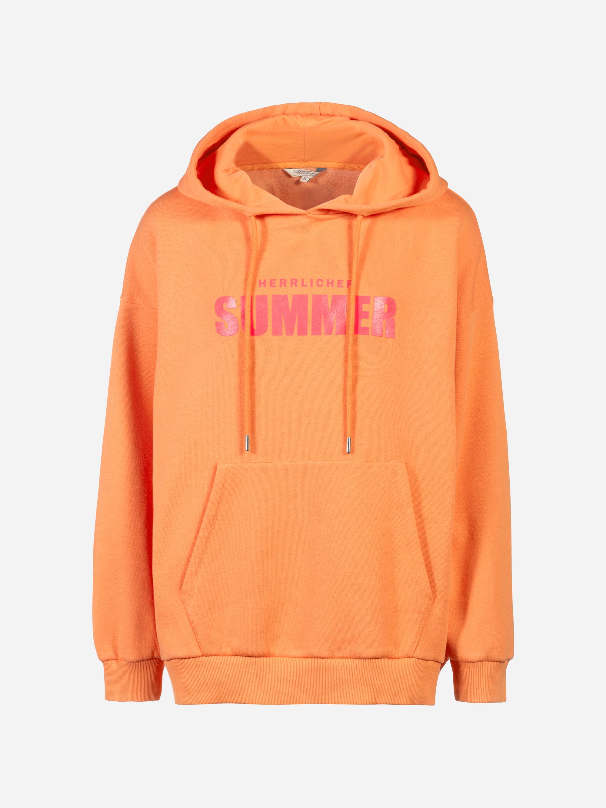 Leuchtend orangefarbenes Kapuzensweatshirt mit einer Fronttasche, Kordelzug und dem Schriftzug HERRLICHER SUMMER in fetten rosa Buchstaben auf der Brust.