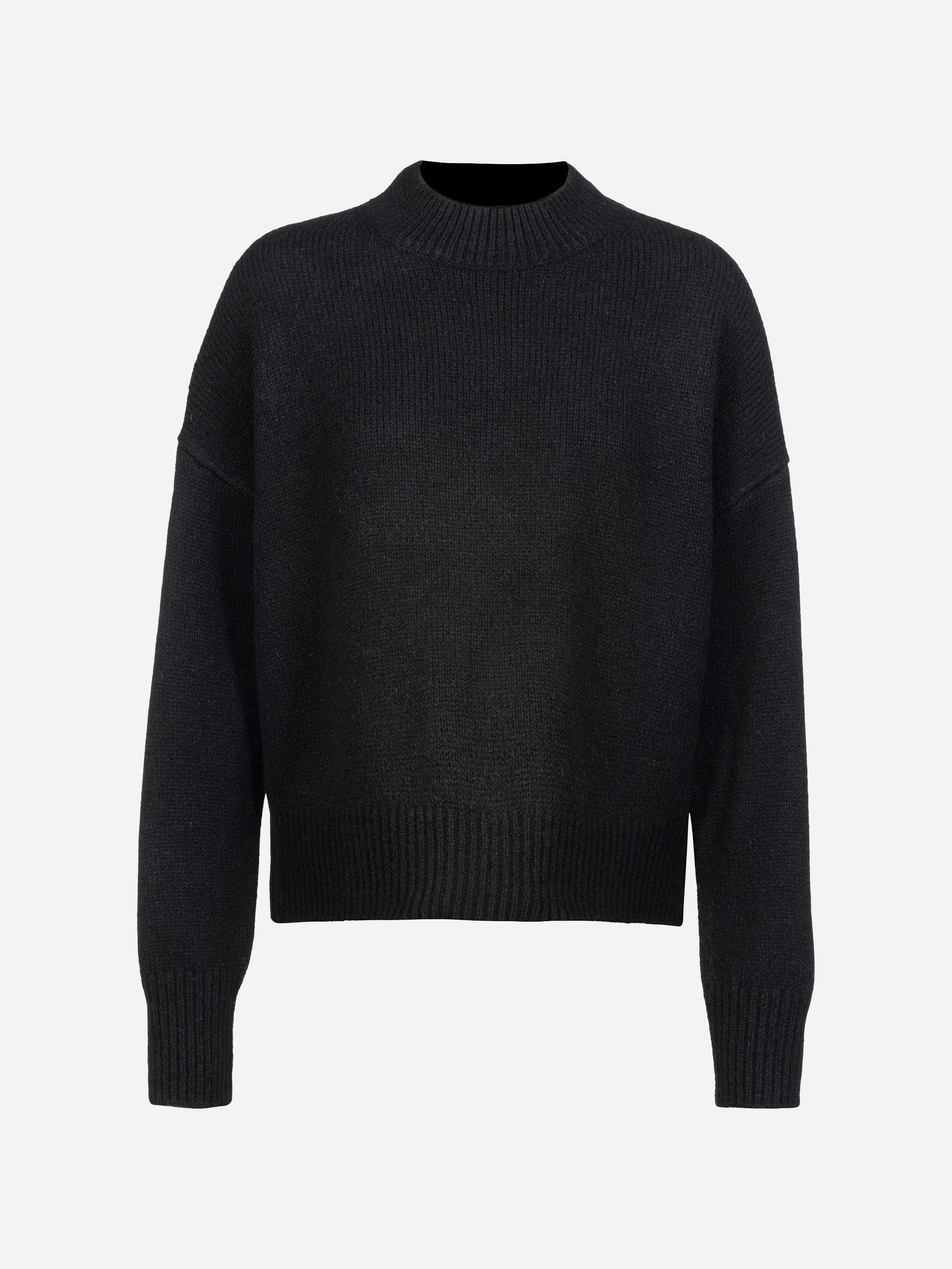 Ein schlichter schwarzer Langarm-Strickpullover mit Rundhalsausschnitt und gerippten Bündchen, Saum und Halsausschnitt, abgebildet auf weißem Hintergrund.