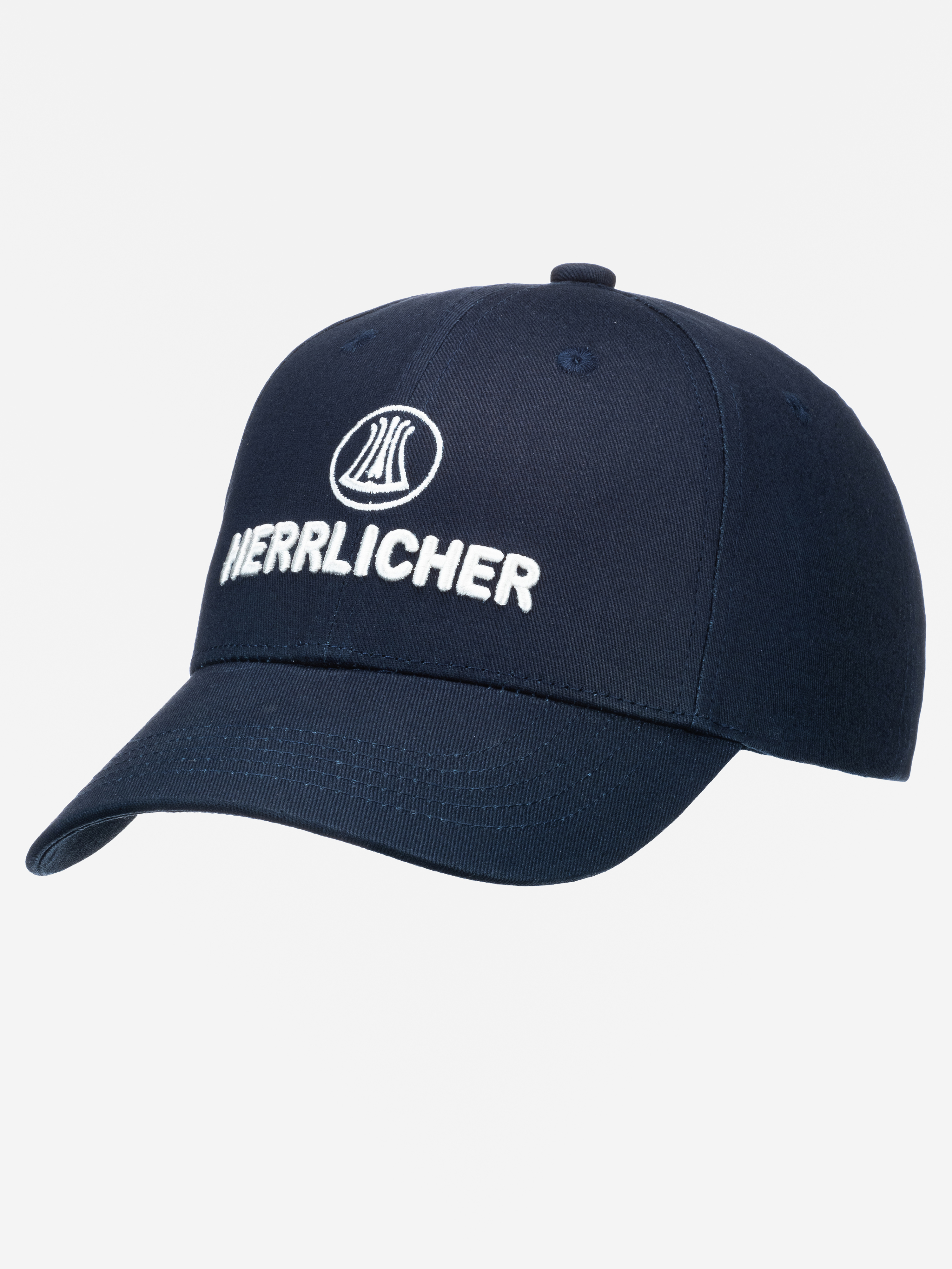 Marineblaue Baseballkappe mit gebogener Krempe, die auf der Vorderseite den Schriftzug HERRLICHER und darüber ein kreisförmig gesticktes Logo in Weiß zeigt.