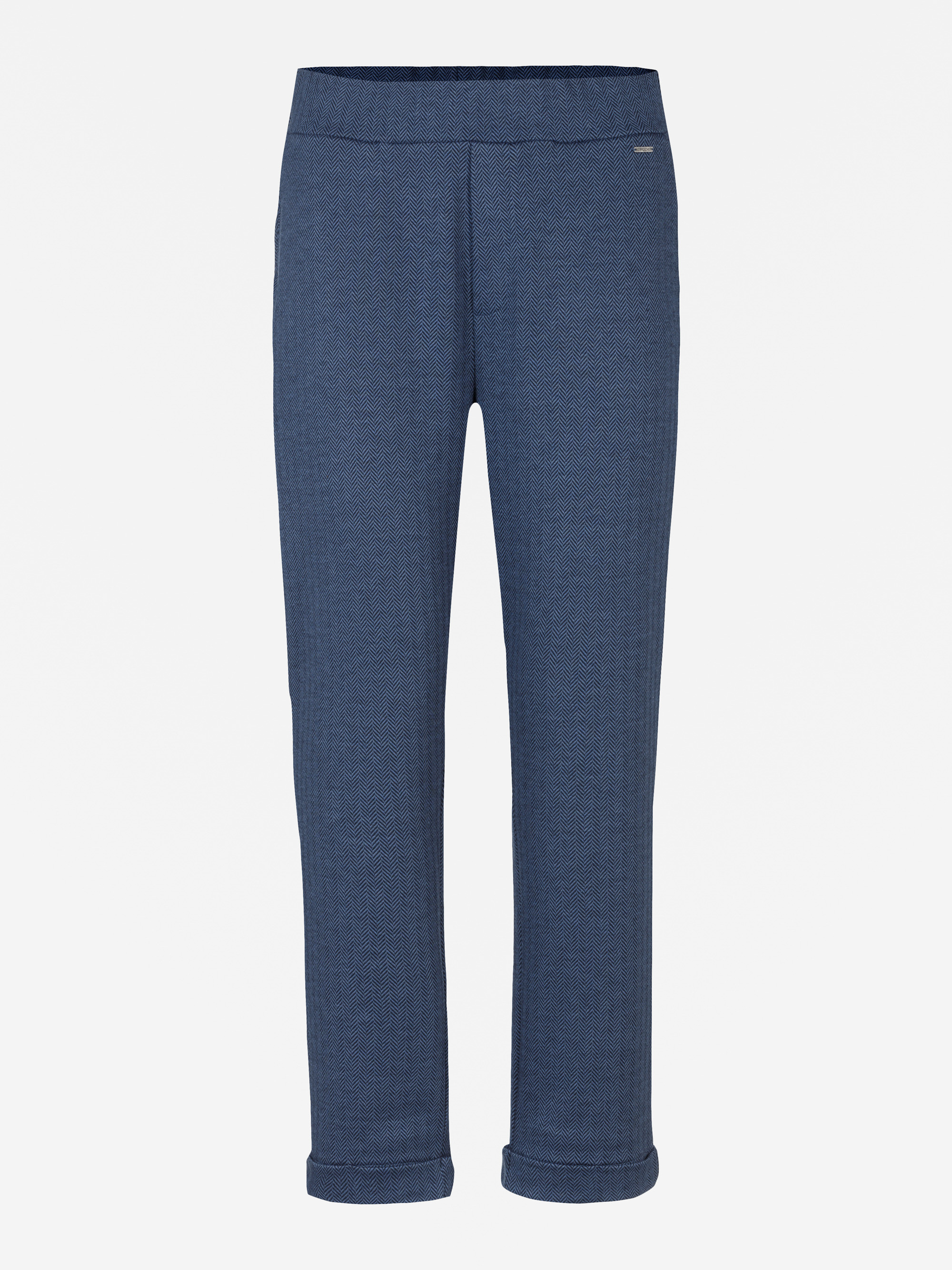 Eine blaue, strukturierte Hose mit geradem Bein, einfachem Design und umgeschlagenen Manschetten auf weißem Hintergrund.