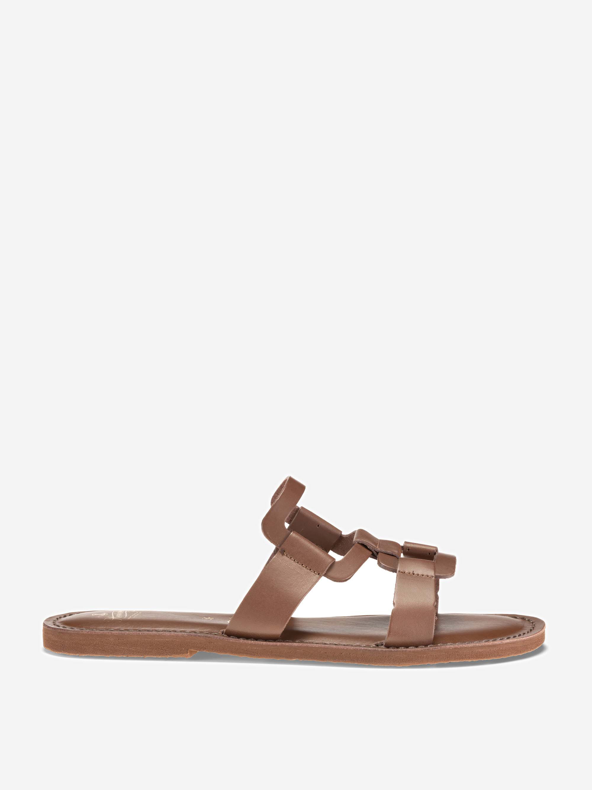 Eine braune, flache Sandale mit offener Spitze, zwei breiten Riemen über dem Fuß, die durch ineinandergreifende quadratische Glieder verbunden sind, und einer flachen Sohle auf einem schlichten weißen Hintergrund.