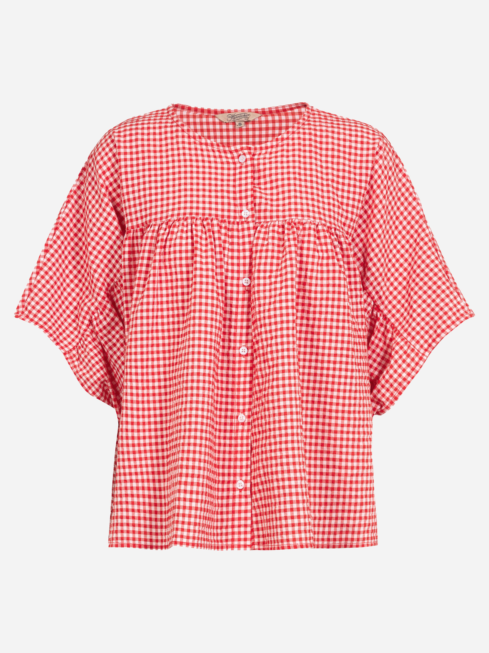 Locker sitzende, kurzärmelige Bluse mit rot-weißem Karomuster, Knöpfen auf der Vorderseite und Rundhalsausschnitt.