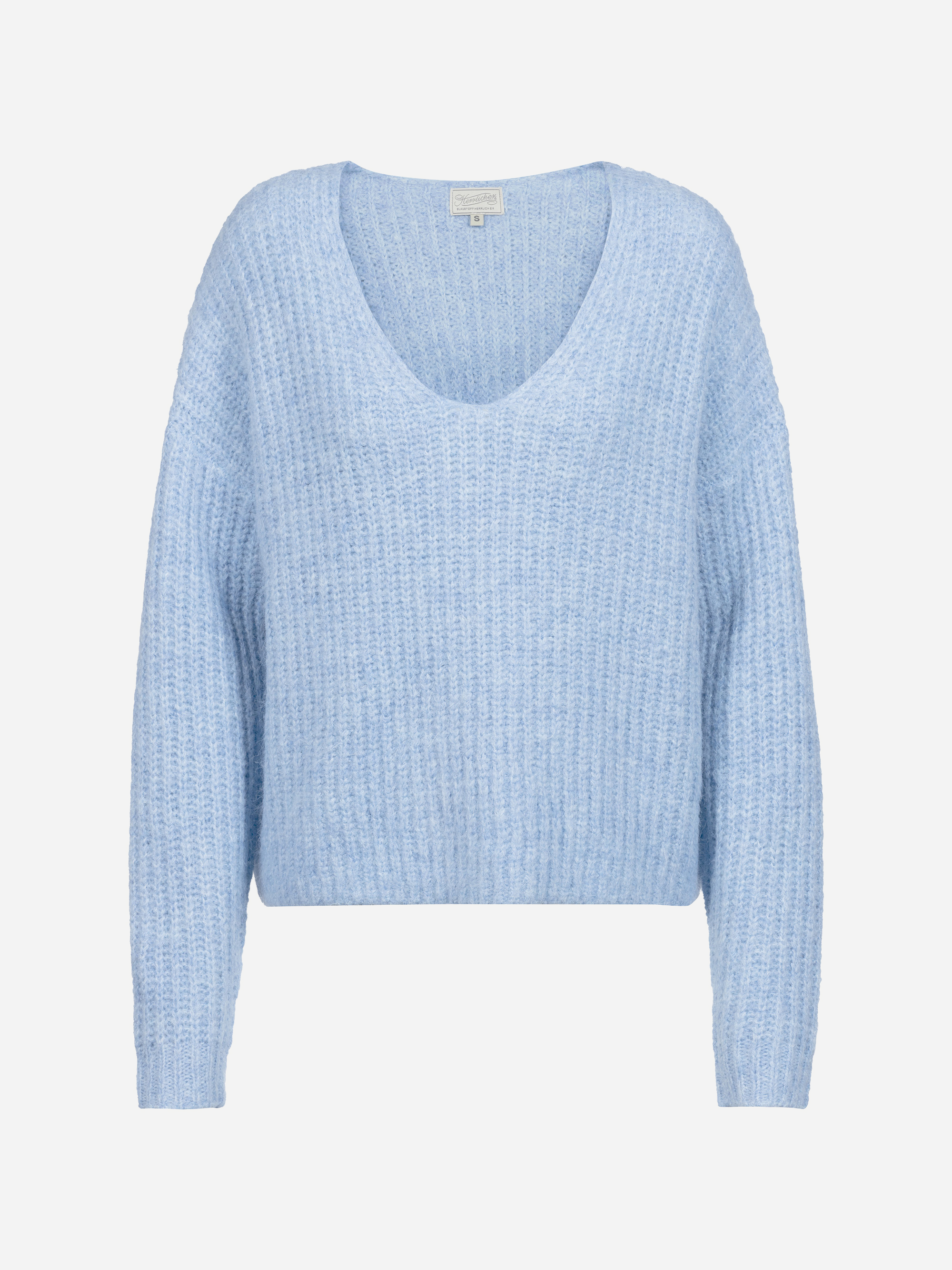 Hellblauer, langärmeliger Strickpullover mit lockerer Passform und weitem V-Ausschnitt, abgebildet vor einem schlichten weißen Hintergrund.
