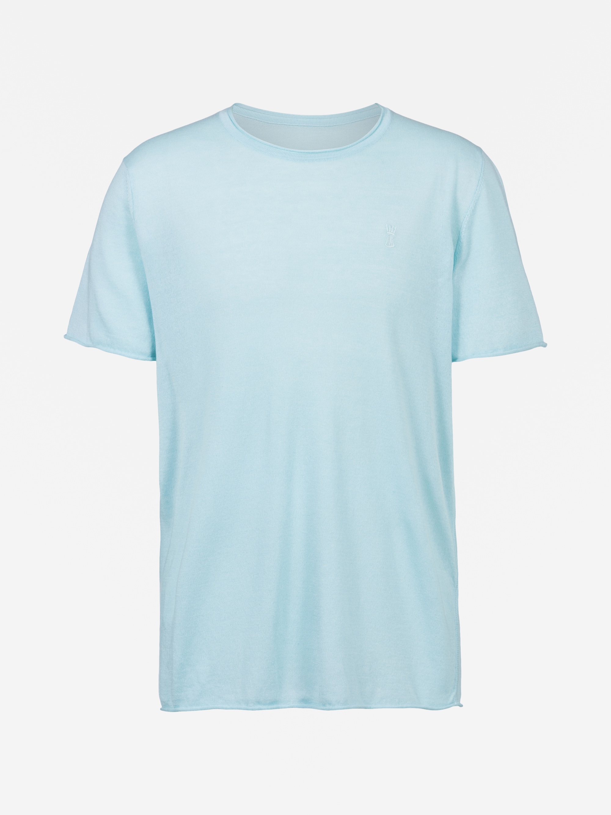 Ein schlichtes, hellblaues T-Shirt mit kurzen Ärmeln ist auf einem weißen Hintergrund abgebildet. Das Shirt hat einen einfachen Rundhalsausschnitt und keine sichtbaren Muster oder Logos.