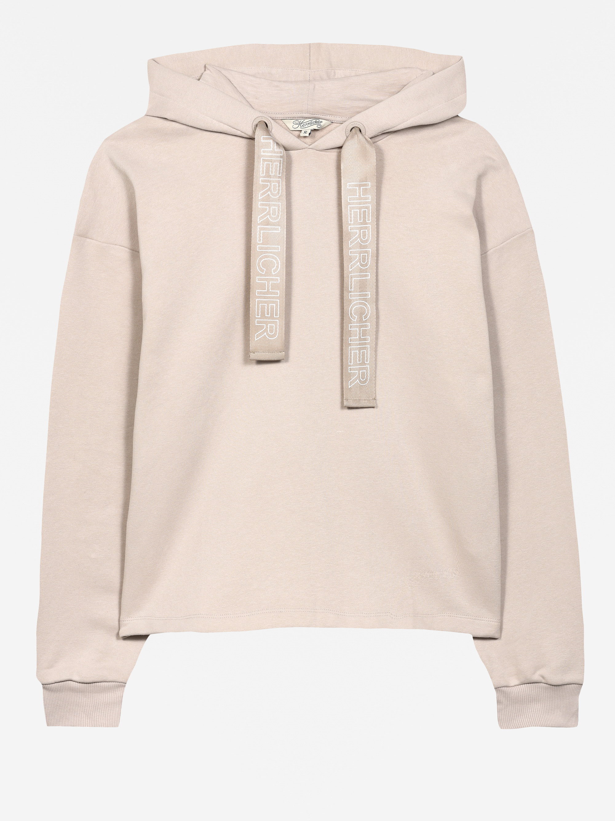 Beigefarbenes Kapuzensweatshirt mit langen Ärmeln, Rippbündchen und Kordelzug, auf dem das Wort HERLiCHER in Weiß aufgestickt ist. Der Kapuzenpullover hat ein einfaches, entspanntes Design und keine sichtbaren Taschen.