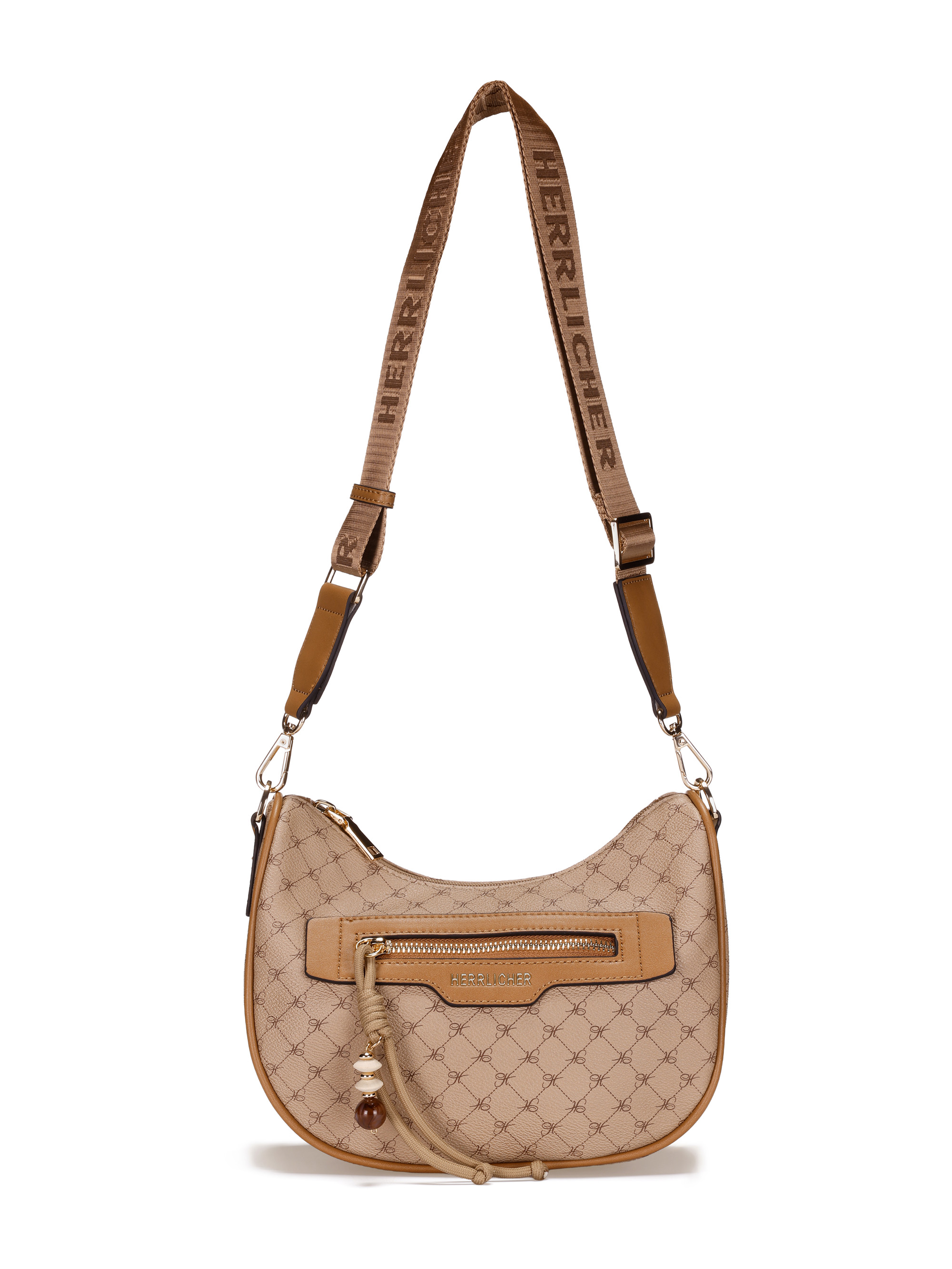 Hellbraune Herrlicher Umhängetasche mit gemustertem Design, Reißverschlussfach auf der Vorderseite, abnehmbarem Schmuckanhänger und einem breiten, verstellbaren Riemen mit dem Markennamen in großen Buchstaben.